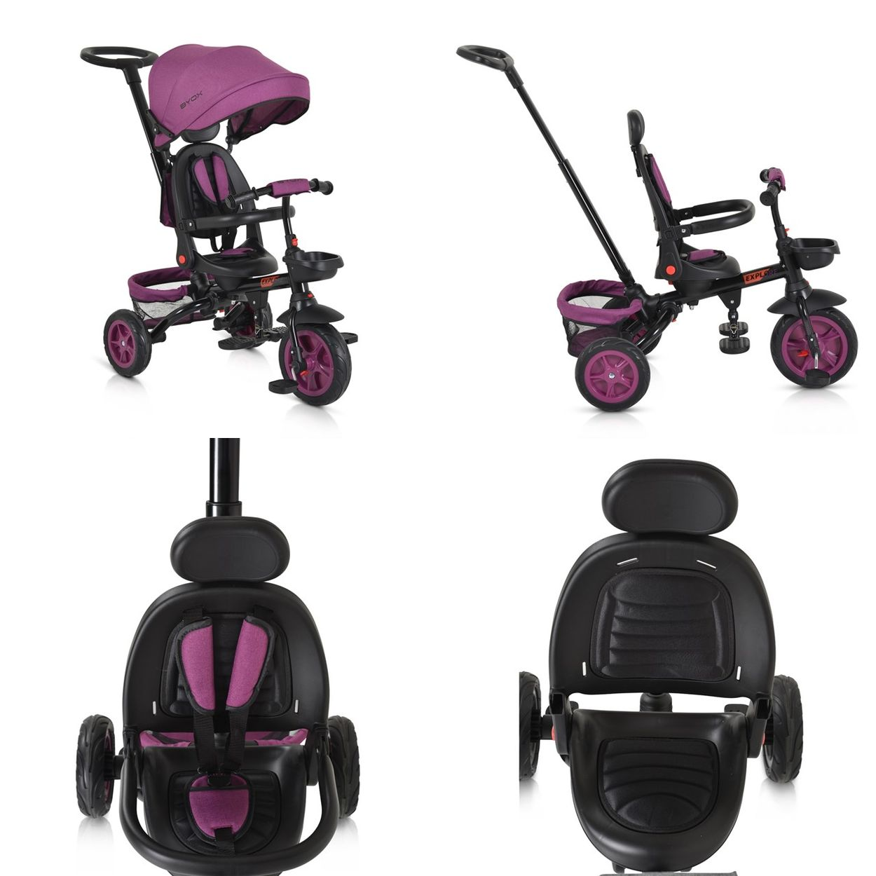 Un triciclo para bebés morado con múltiples vistas, incluyendo detalles.