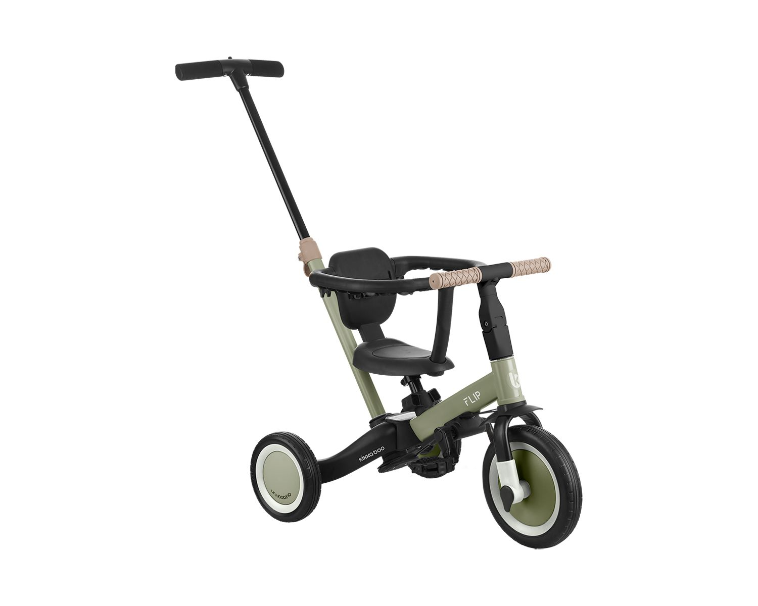 Grünes und schwarzes Dreirad mit Schiebegriff, Kindersitz und Pedalen.