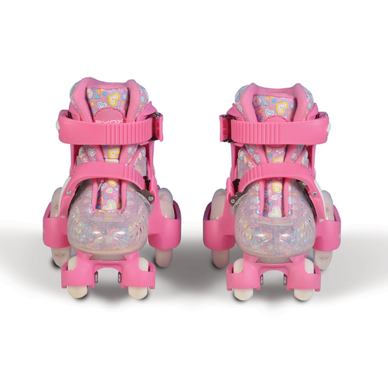 Zwei Paar pinkfarbene Rollschuhe, Vorderansicht, mit mehreren Rollen.