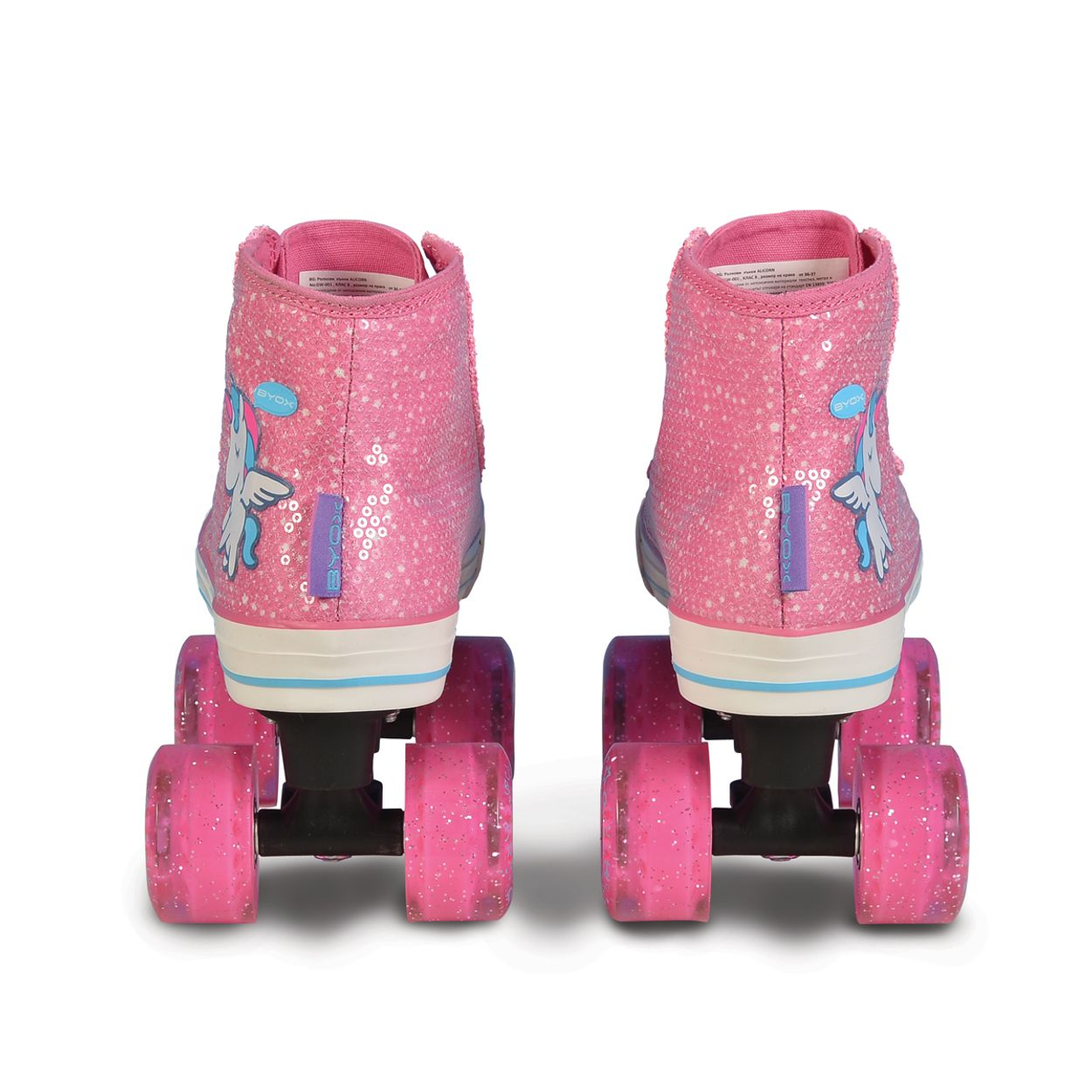 Pinke Rollschuhe mit Pailletten. Sie haben rosa Räder und ein Einhorn-Design.