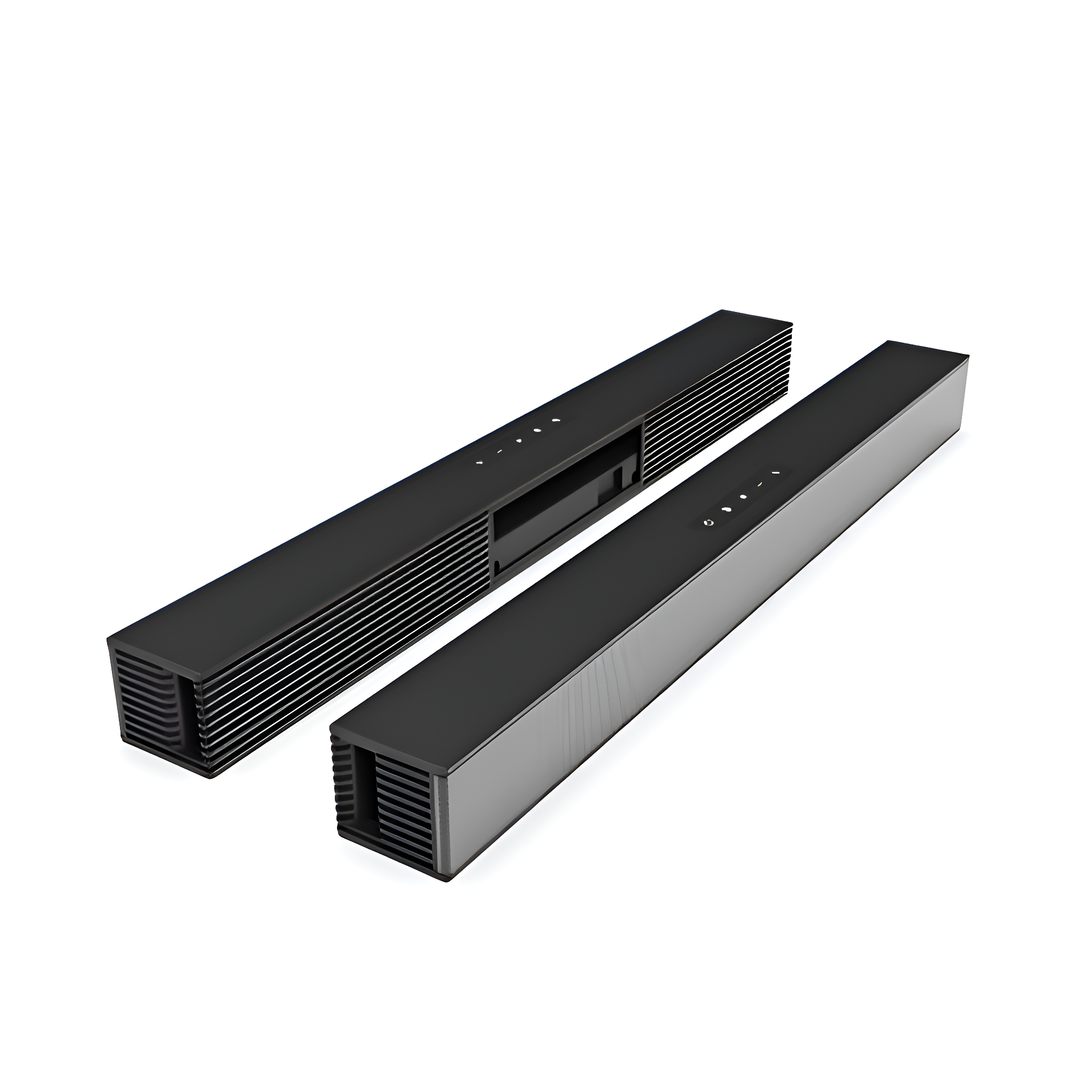 Zwei schwarze Soundbars auf weißem Hintergrund. Sie haben ein schlankes, minimalistisches Design mit Lüftungsschlitzen.