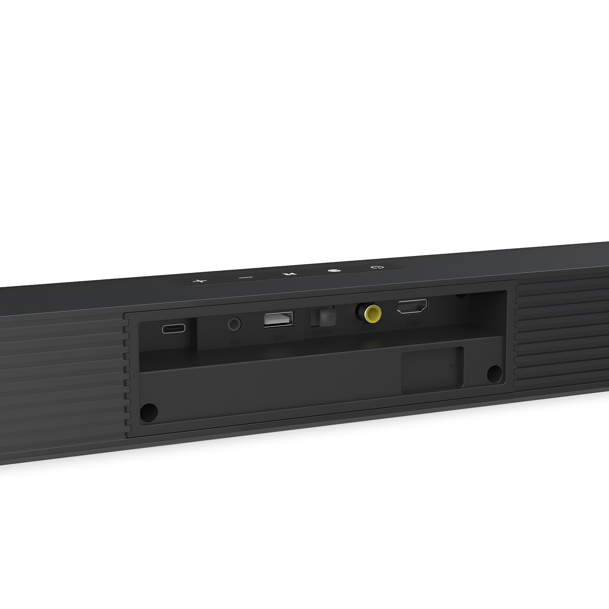 Eine schwarze Soundbar mit Anschlüssen und Knöpfen. Sie hat ein schlankes, modernes Design.