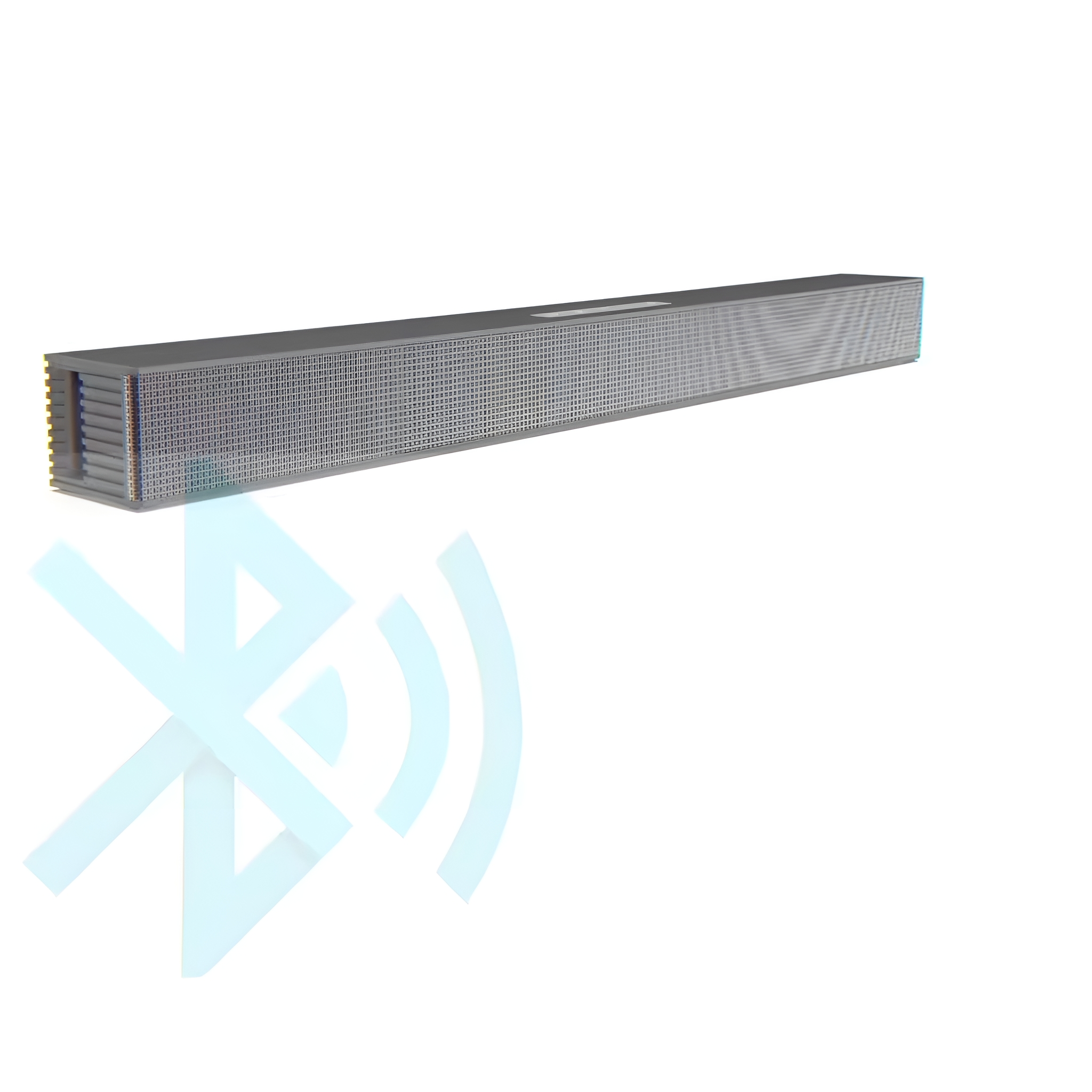 Lange, silberne Soundbar mit Bluetooth-Symbol.