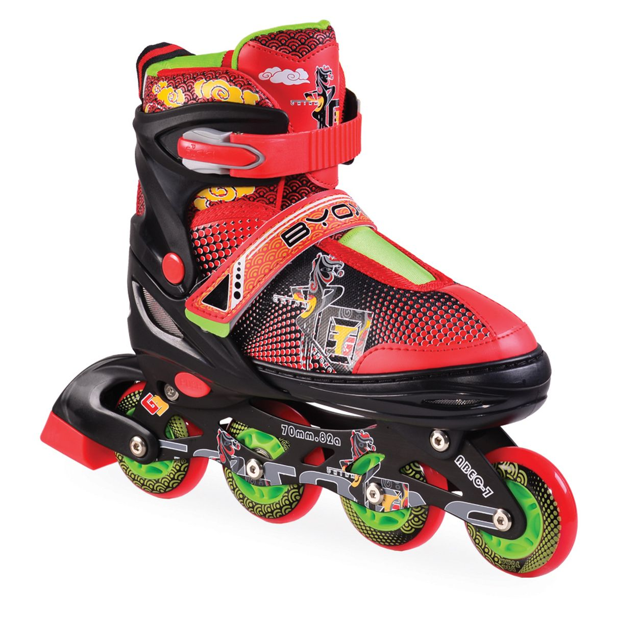 Roter und schwarzer Rollschuh. Ein roter und schwarzer Rollschuh mit grünen und schwarzen Rollen. Der Schuh hat Design.
