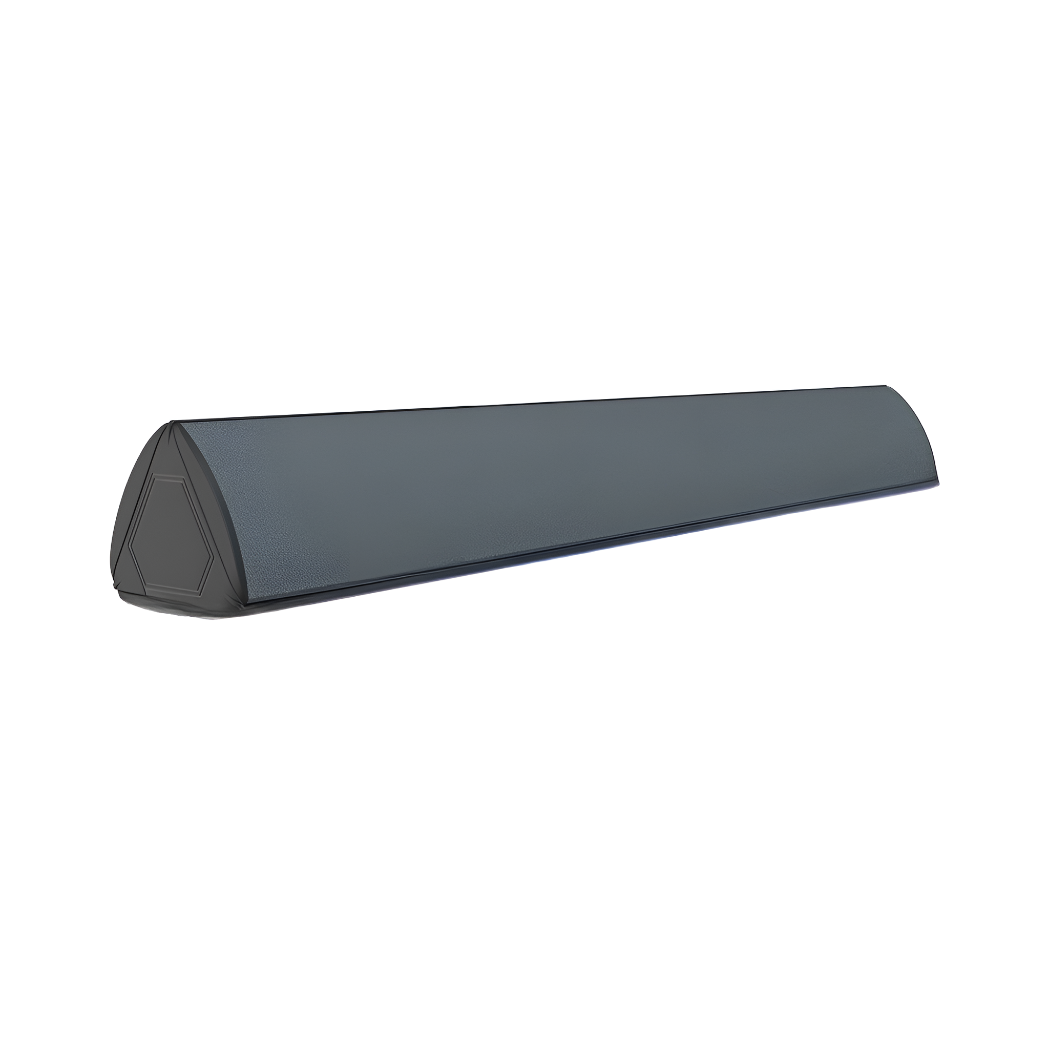 Graue, dreieckige, lange, modern aussehende Soundbar. Weißer Hintergrund.