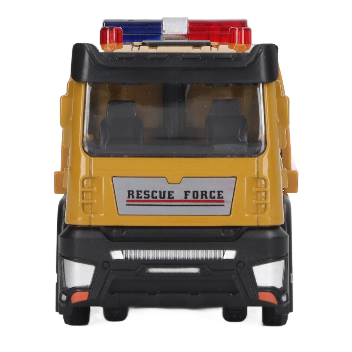 Ein gelber Spielzeug-LKW mit roten und blauen Lichtern oben und den Worten 'Rescue Force'.