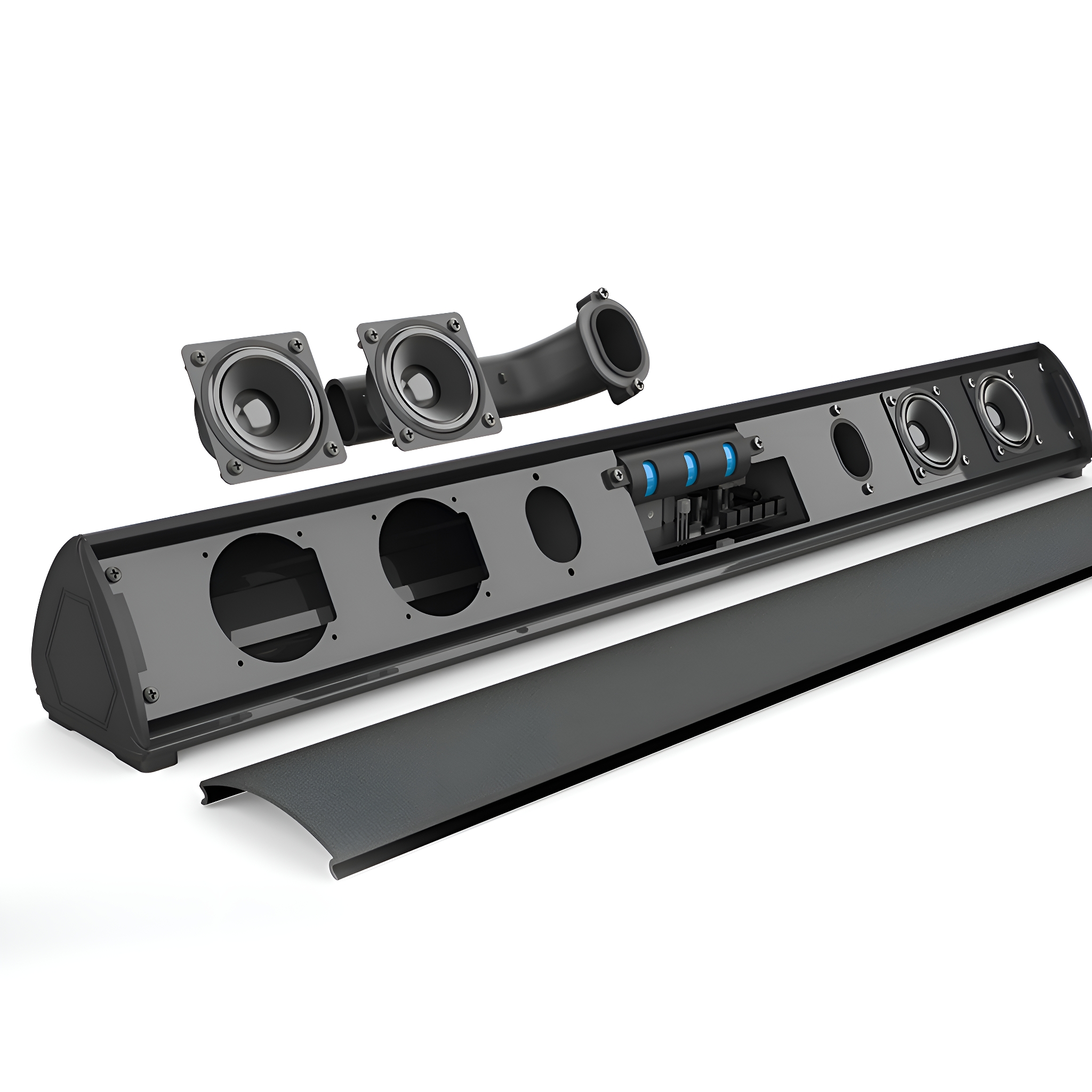 Zerlegter Soundbar mit Lautsprechern und Komponenten. Dunkelgraue Farbe. Weißer Hintergrund.