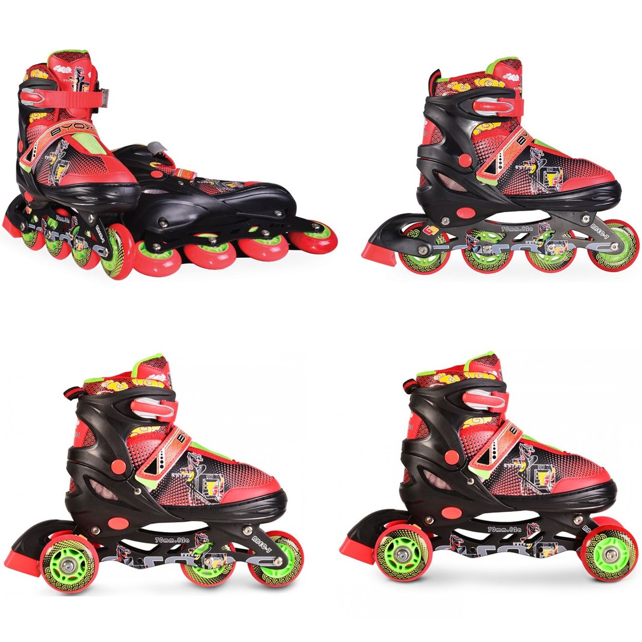 Vier Bilder von Inlineskates. Rote und schwarze Skates mit vier Rädern, in verschiedenen Positionen.