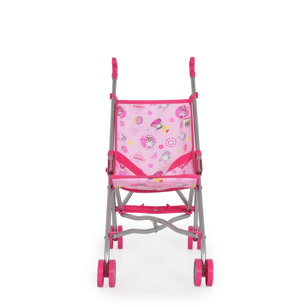 Rosa Puppenwagen mit gemustertem Sitz und rosa Rädern auf Weiß.