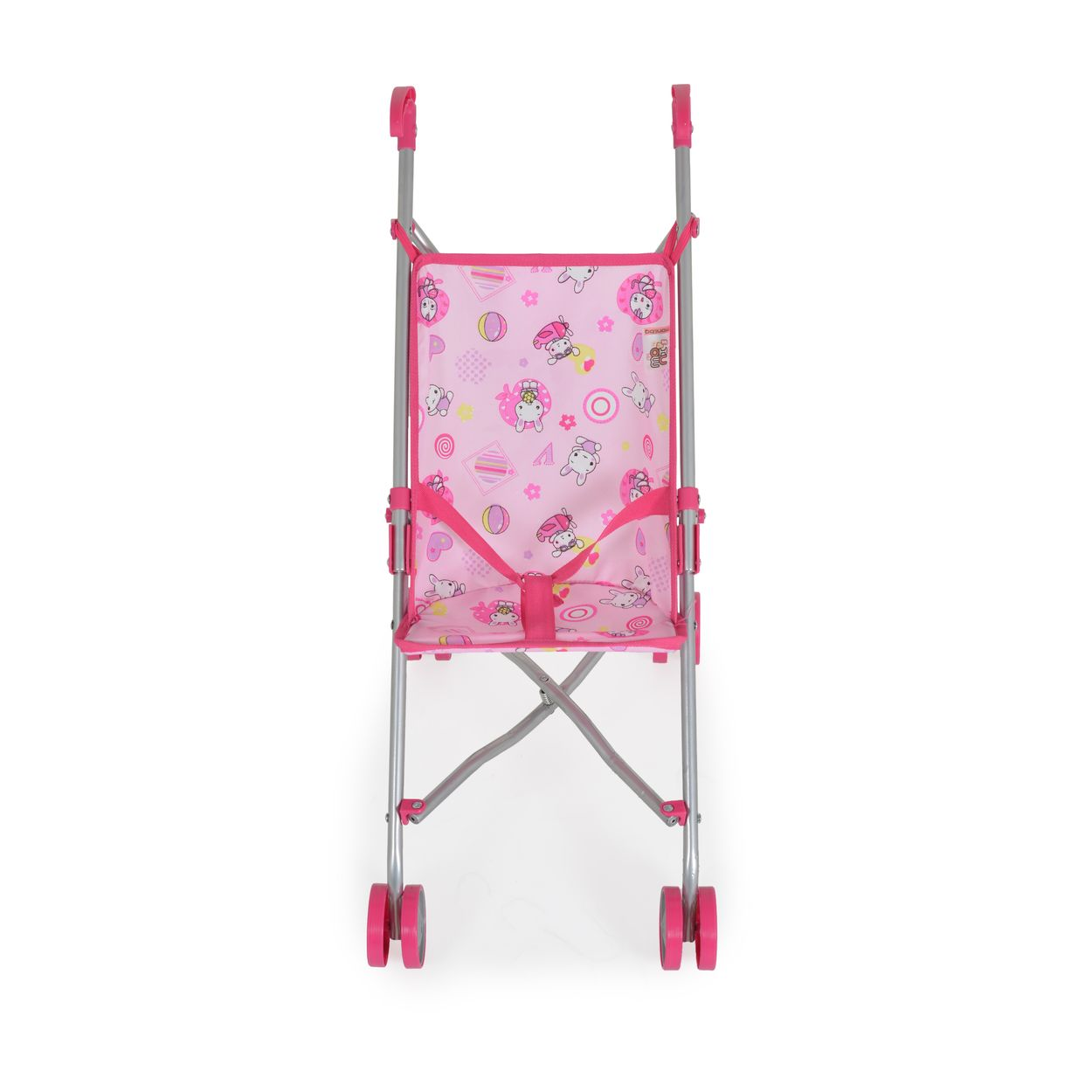 Ein rosa Spielzeugkinderwagen mit einem Muster aus rosa Herzen und Figuren, mit rosa Rädern.