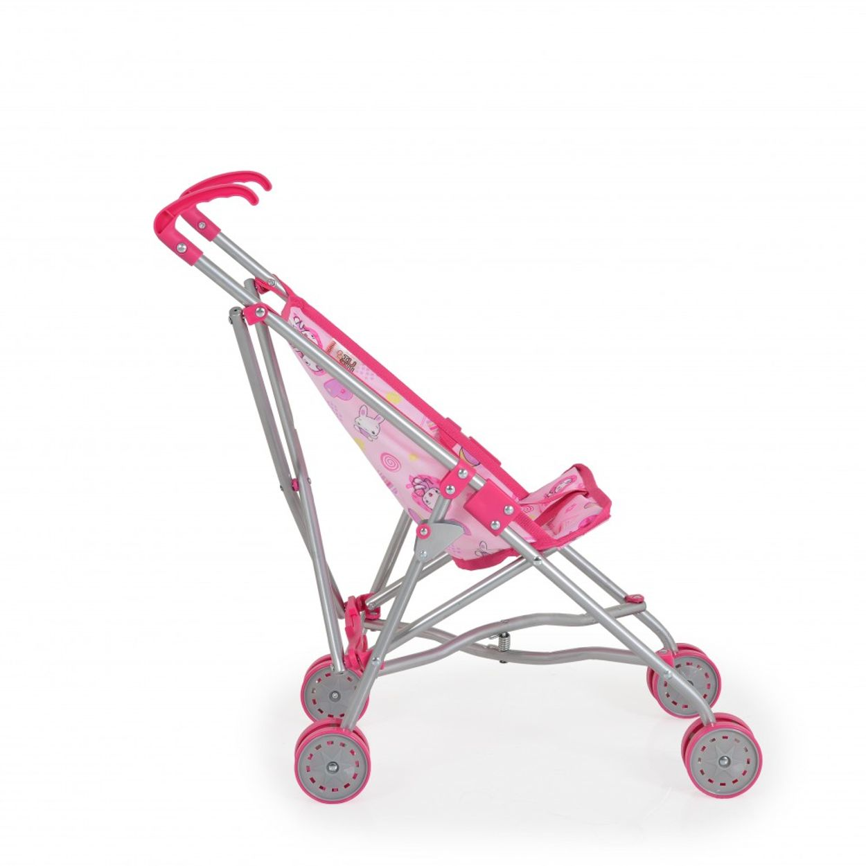 Rosa und silberner Spielzeug-Kinderwagen auf weißem Grund.