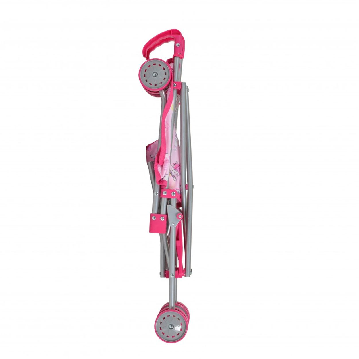 Ein rosa und grauer Kinderwagen im Profil vor weißem Hintergrund. Er ist zusammengeklappt.