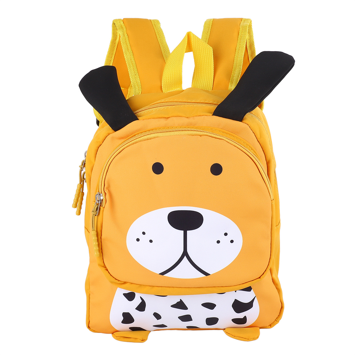 Ein gelber, hundeförmiger Rucksack mit schwarzen Ohren und weißer Schnauze wird gezeigt.