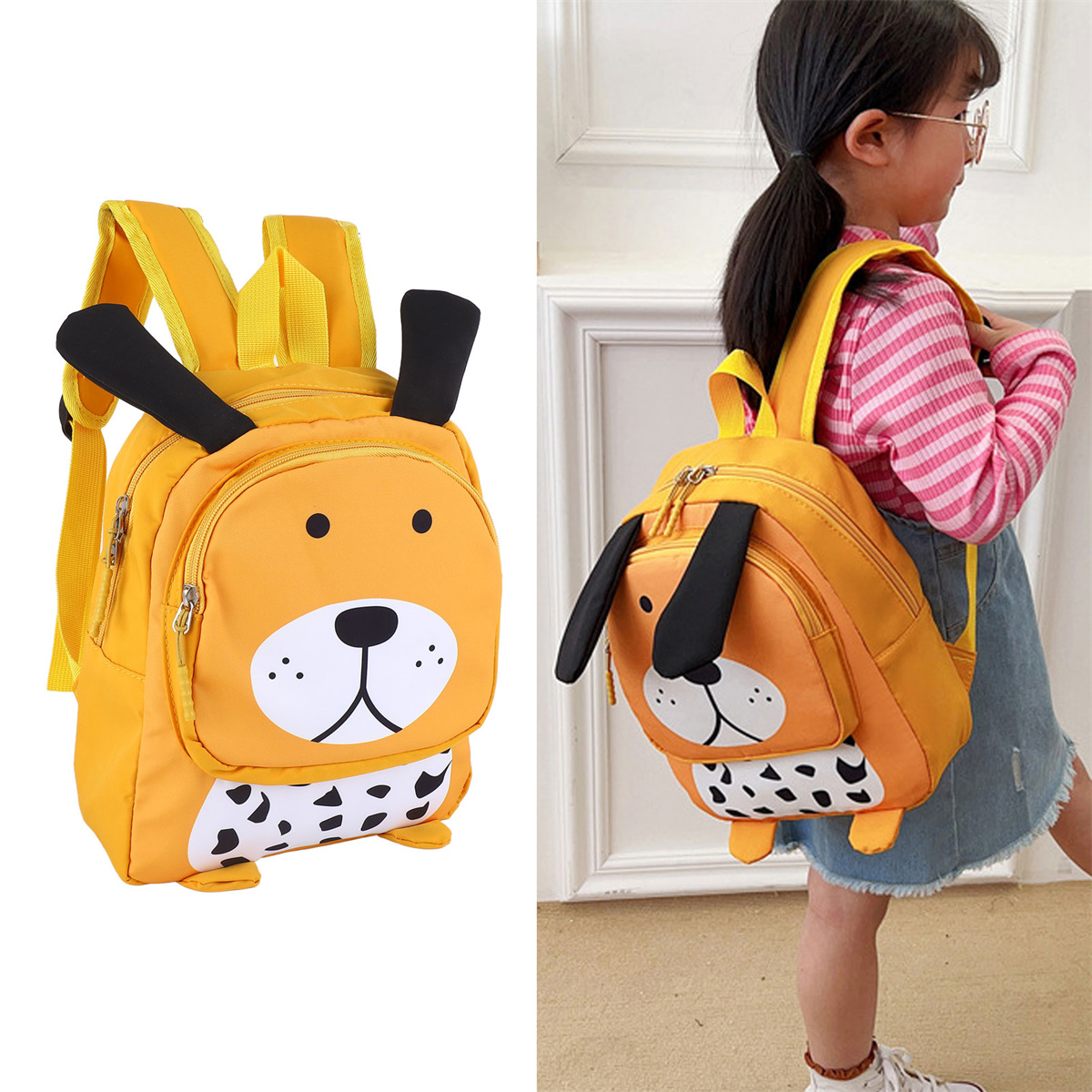 Ein Kind, das einen gelben Rucksack mit Hundegesicht trägt, und ein passender Rucksack daneben.