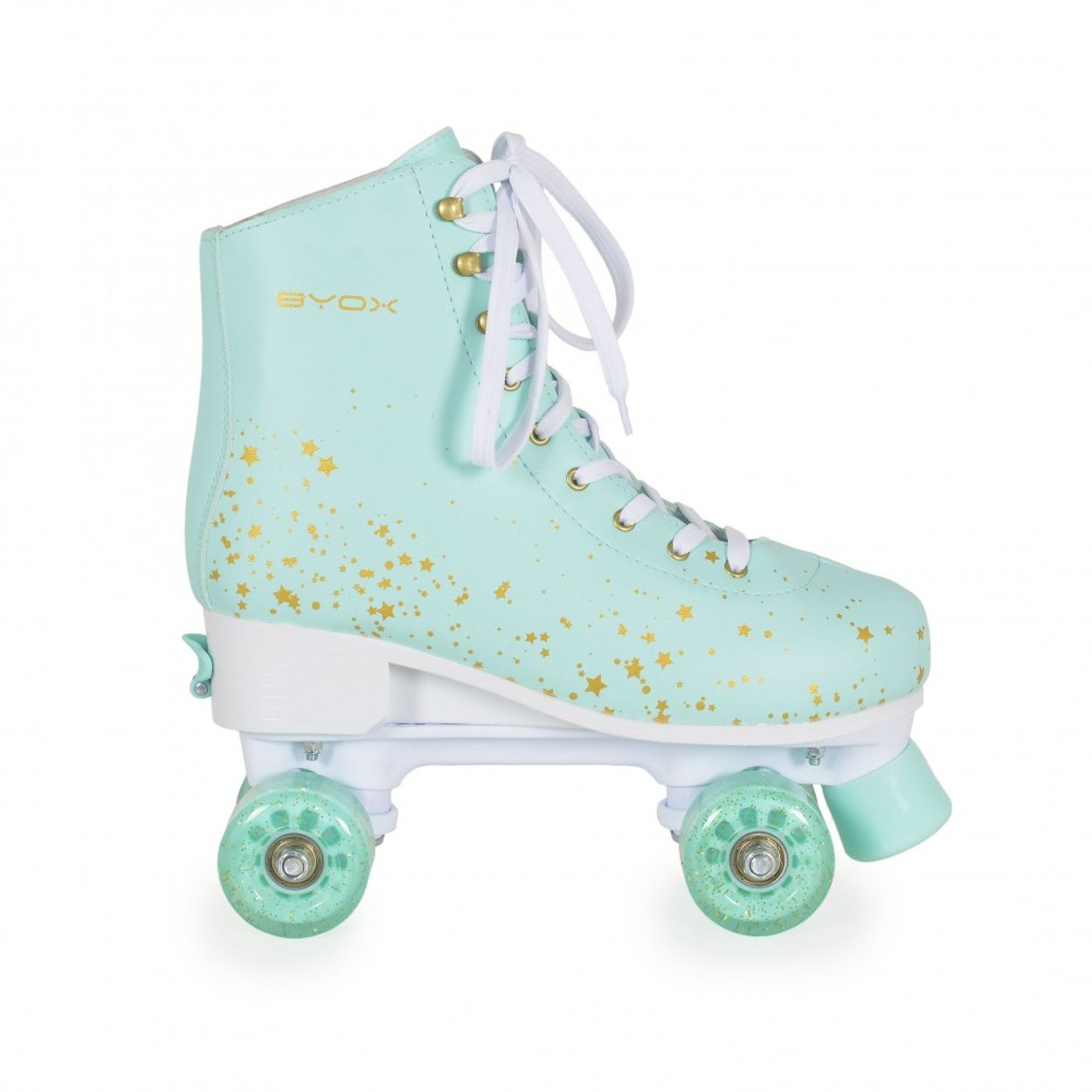 Minzgrüner Rollschuh mit goldenen Sternen und weißen Schnürsenkeln. Weiße Räder.