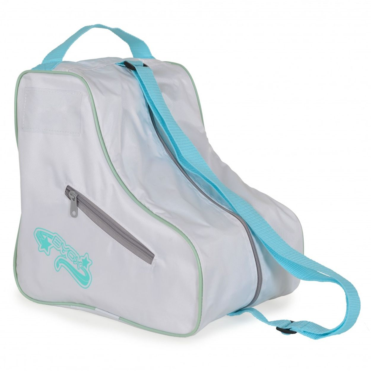 Eine weiße Skate-Tasche mit blauen Details, einem Griff und einem Reißverschluss wird gezeigt.