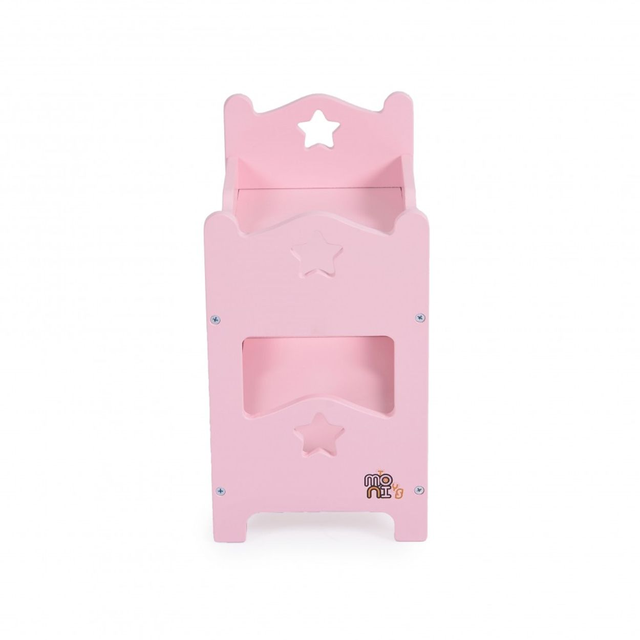 Rosa Holzpuppenbett mit Sternaussparungen und einem Logo an der Seite.