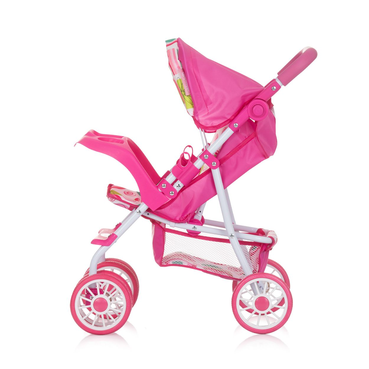Rosa Puppenwagen mit Verdeck und Aufbewahrungskorb. Weiße und rosa Räder. Isoliert auf Weiß.