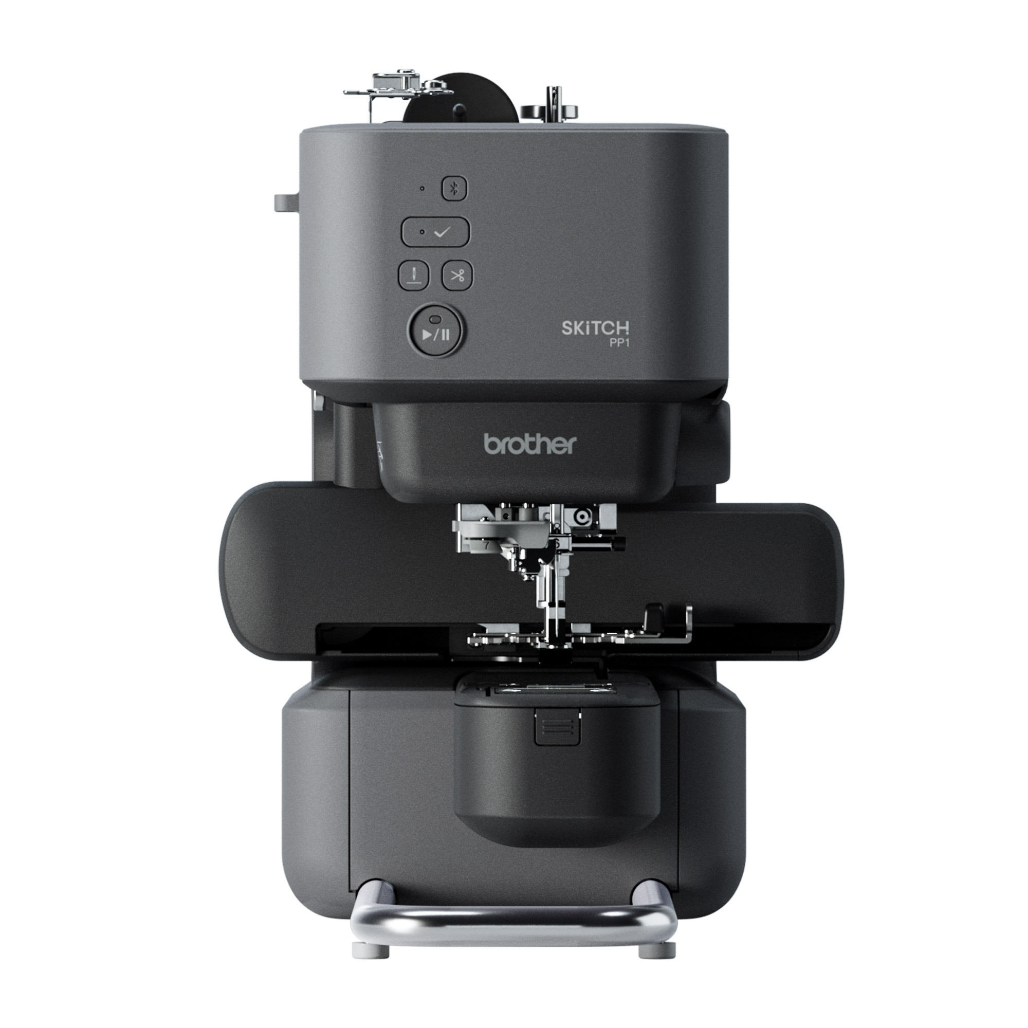 Maszyna do szycia z szarym i czarnym korpusem.