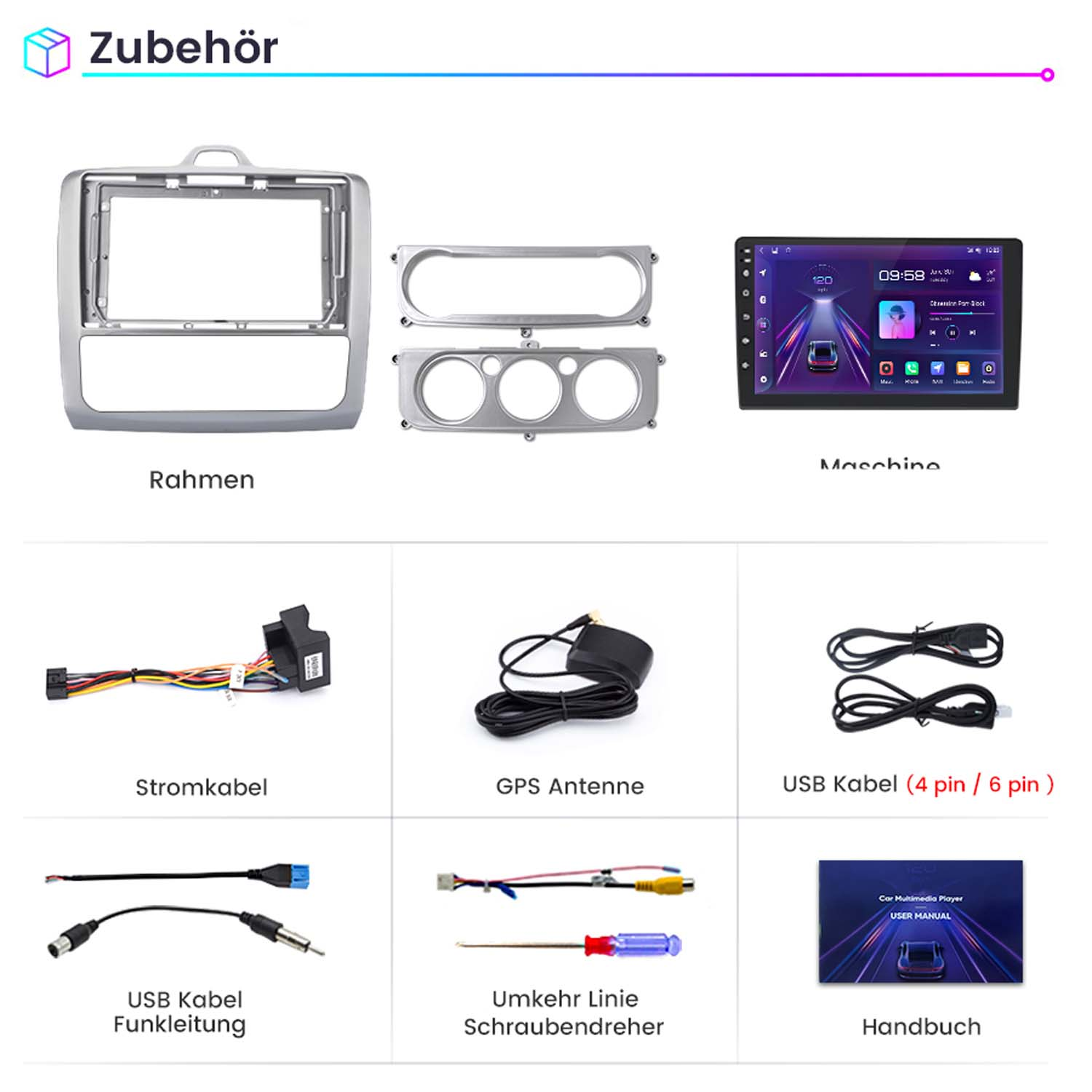 Verschiedenes Autozubehör. Enthält Rahmen, Kabel und ein Car-Multimedia-Player. Weißer Hintergrund.