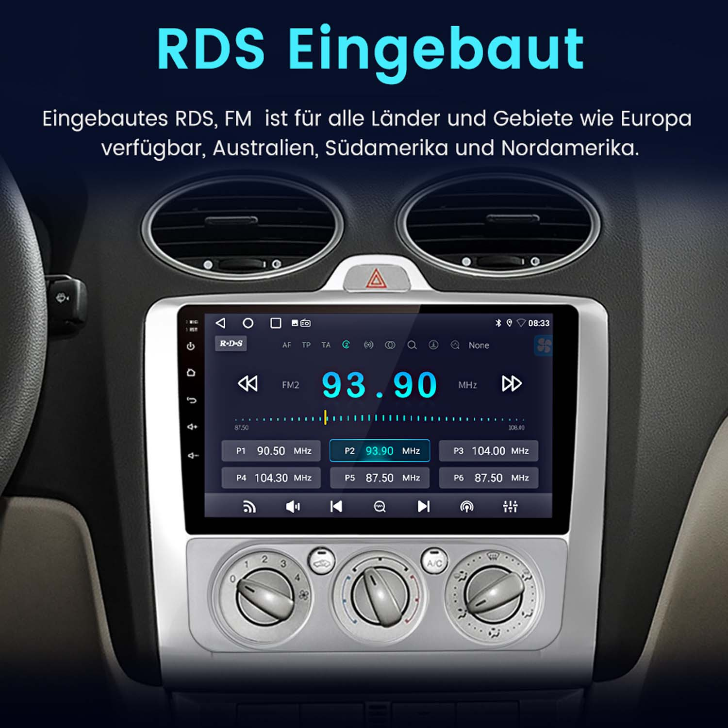 Autoradio-Bildschirm mit RDS-Funktionen und Radiosenderinformationen, umgeben vom Armaturenbrett.