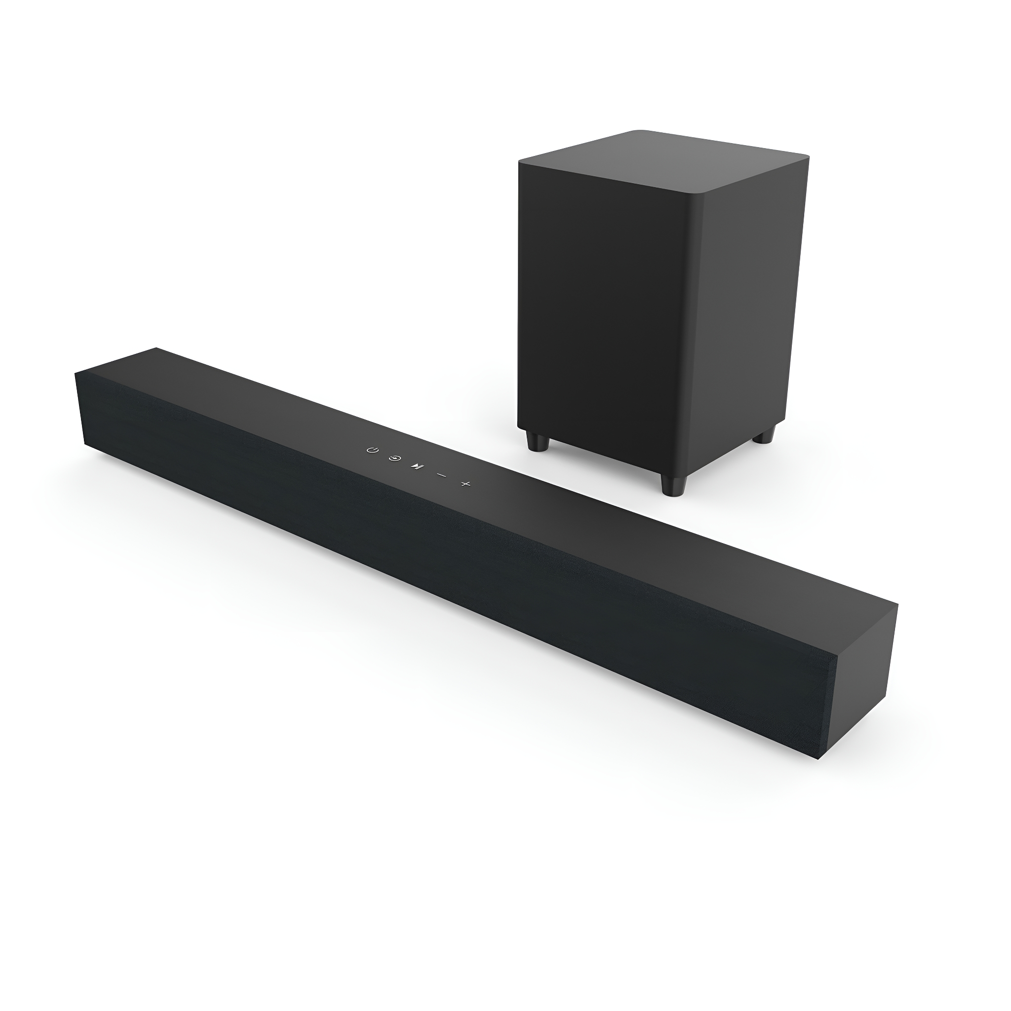 Eine schwarze Soundbar und ein Subwoofer auf weißem Hintergrund.