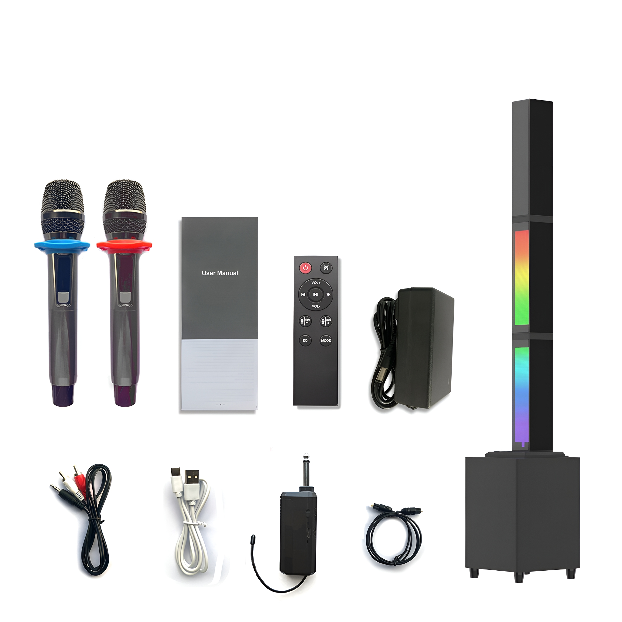Ein Karaoke-Set: zwei Mikrofone, eine Bedienungsanleitung, eine Fernbedienung, ein Netzteil, Kabel und ein Lautsprecher.