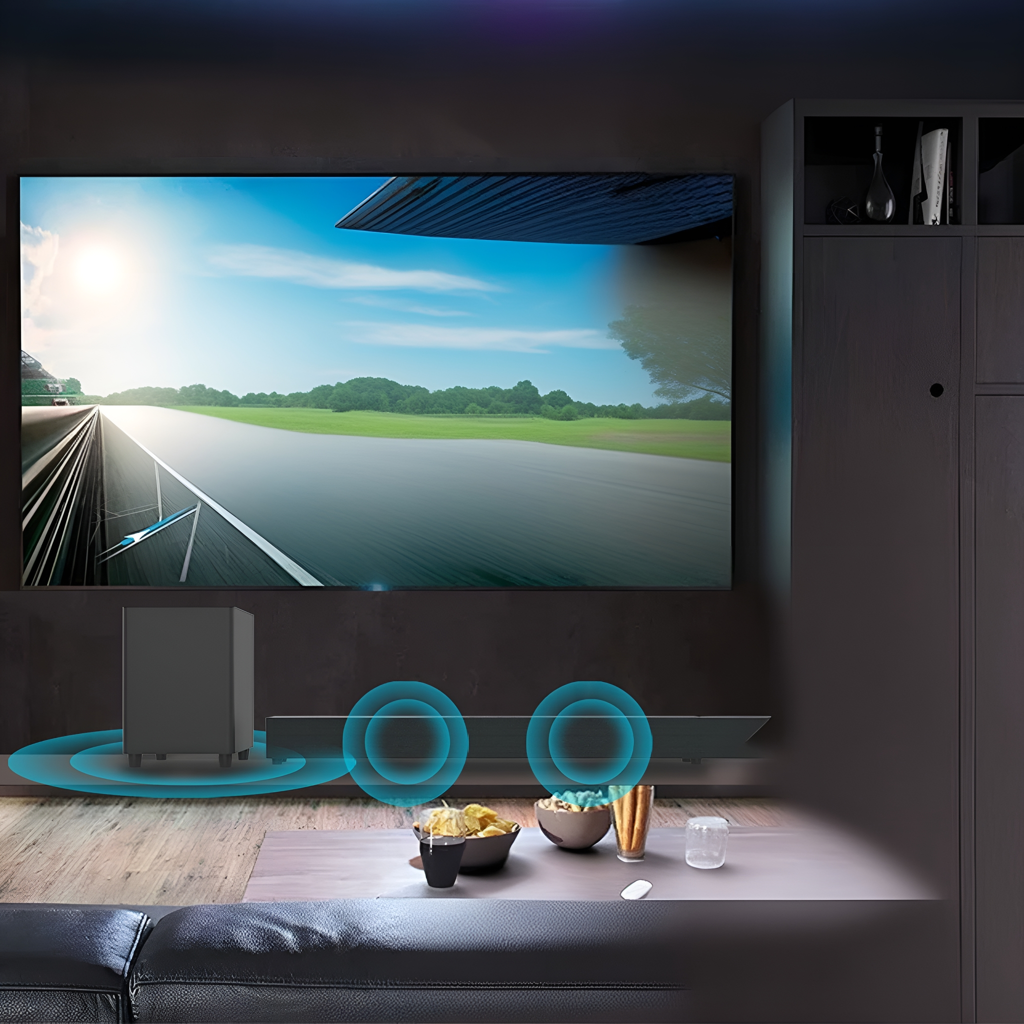 Ein Fernsehbildschirm mit einer Rennstrecke, davor eine Soundbar und ein Subwoofer, und Snacks auf einem Tisch.