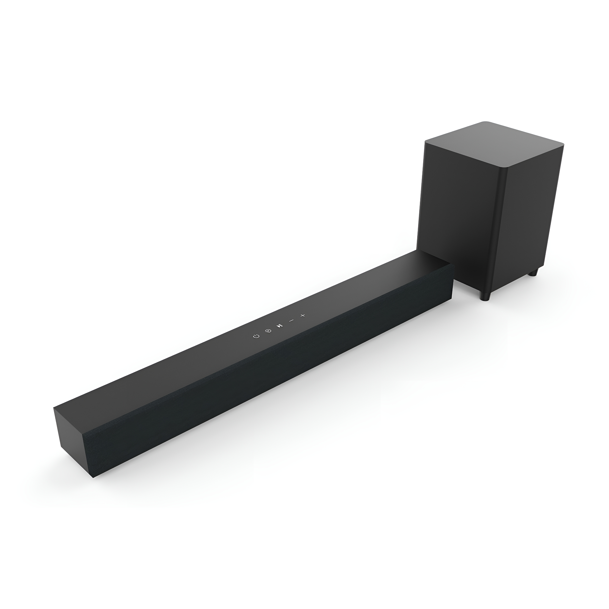 Eine schwarze Soundbar und ein Subwoofer auf weißem Hintergrund.