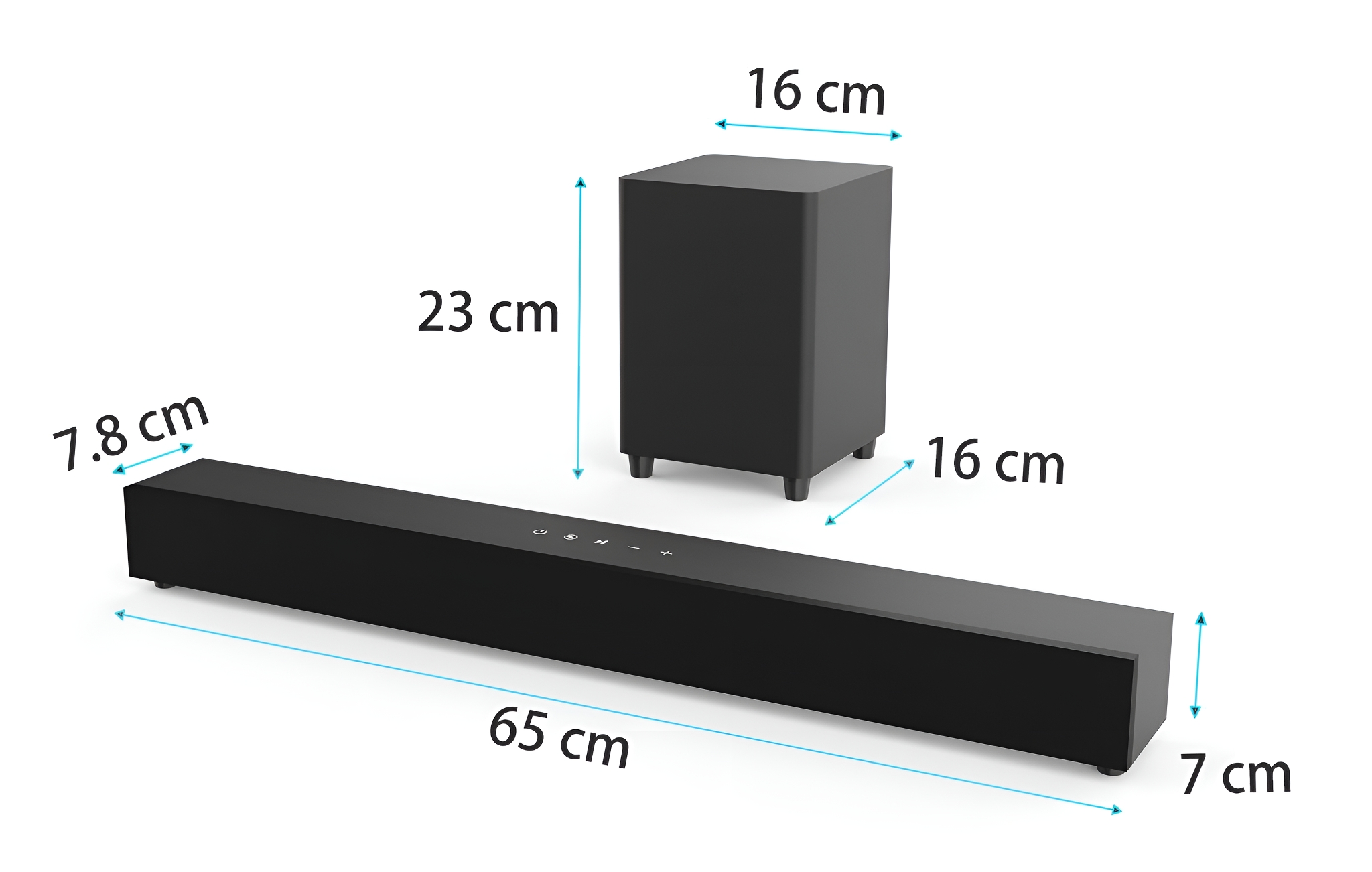 Schwarze Soundbar und Subwoofer mit angegebenen Abmessungen. Weißer Hintergrund.
