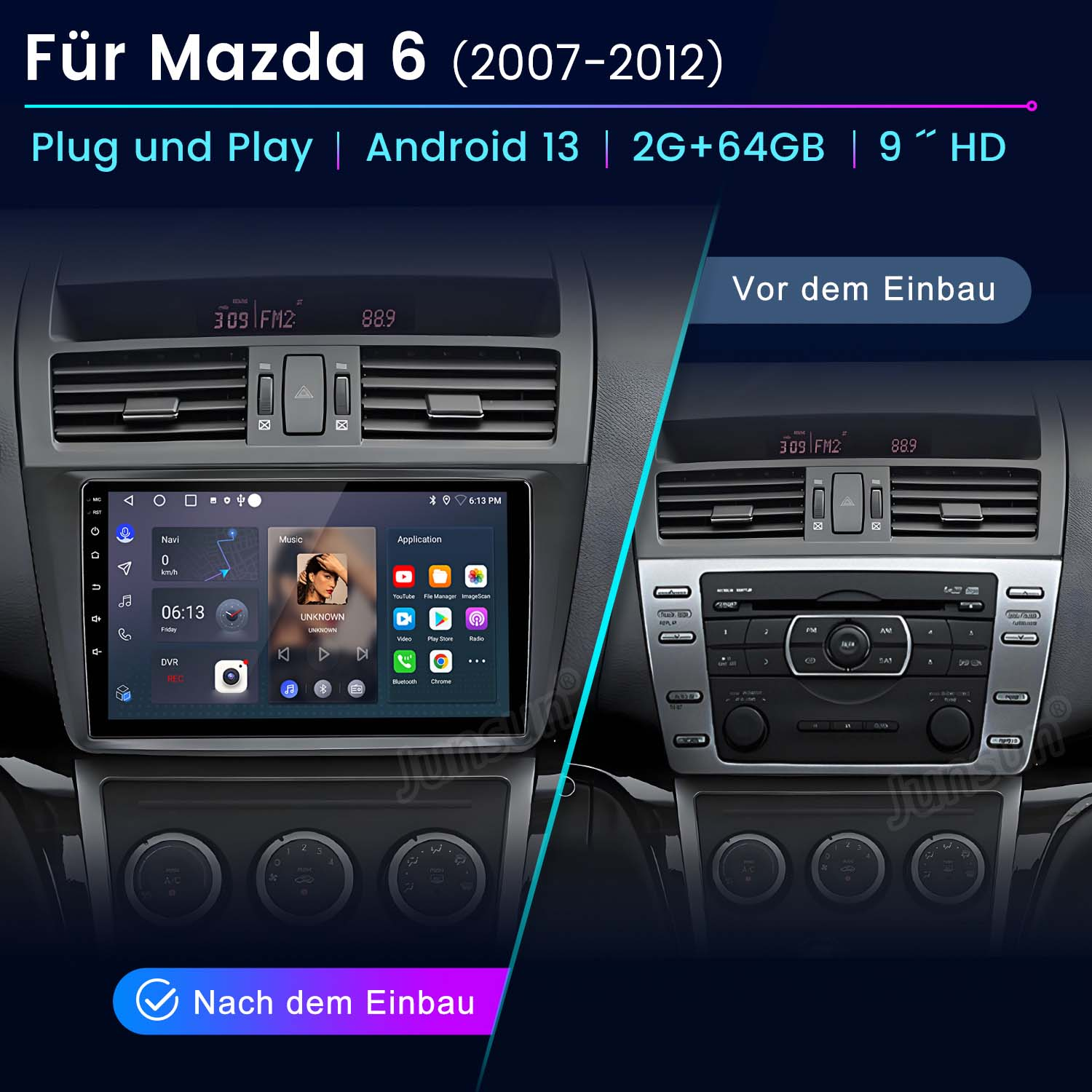 System stereo w samochodzie oraz ekran wyświetlający interfejs. Po lewej stronie przyciski, po prawej stare radio.