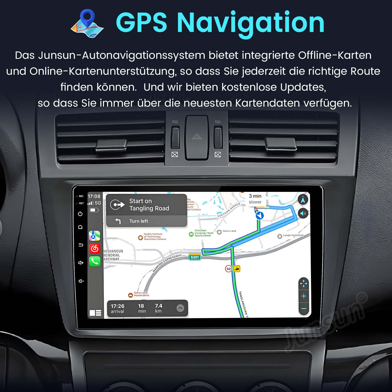 Ekran GPS deski rozdzielczej samochodu pokazujący mapę i szczegóły nawigacji.
