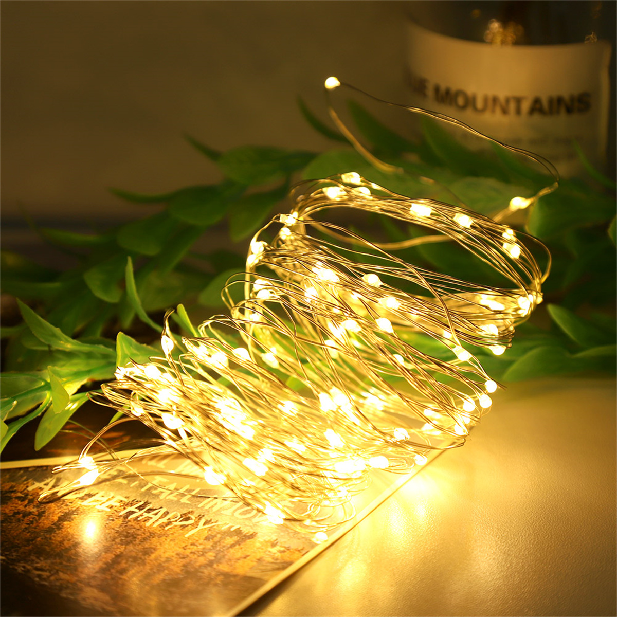 Eine Lichterkette mit goldenen Feenlichtern auf einem Tisch. Grüne Blätter sind im Hintergrund, und ein Buch.