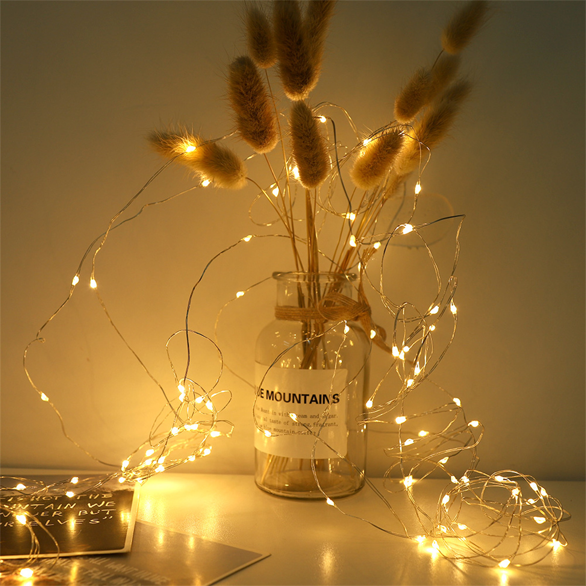 Lichterkette mit einer Vase mit Trockenblumen auf weißer Oberfläche. Warmer Glanz, weiche Beleuchtung.