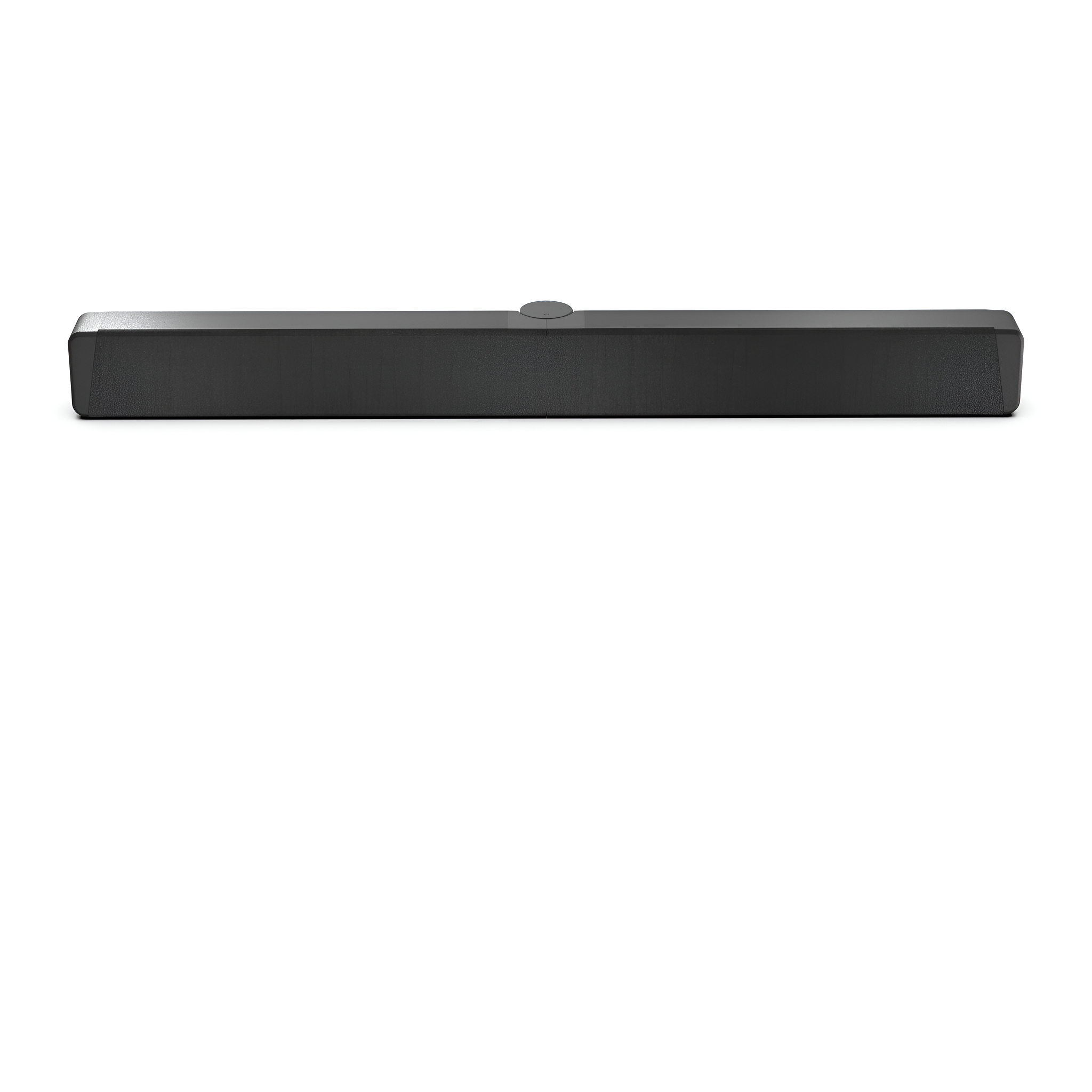 Eine schwarze Soundbar auf weißem Hintergrund mit einem kleinen Knopf oben.