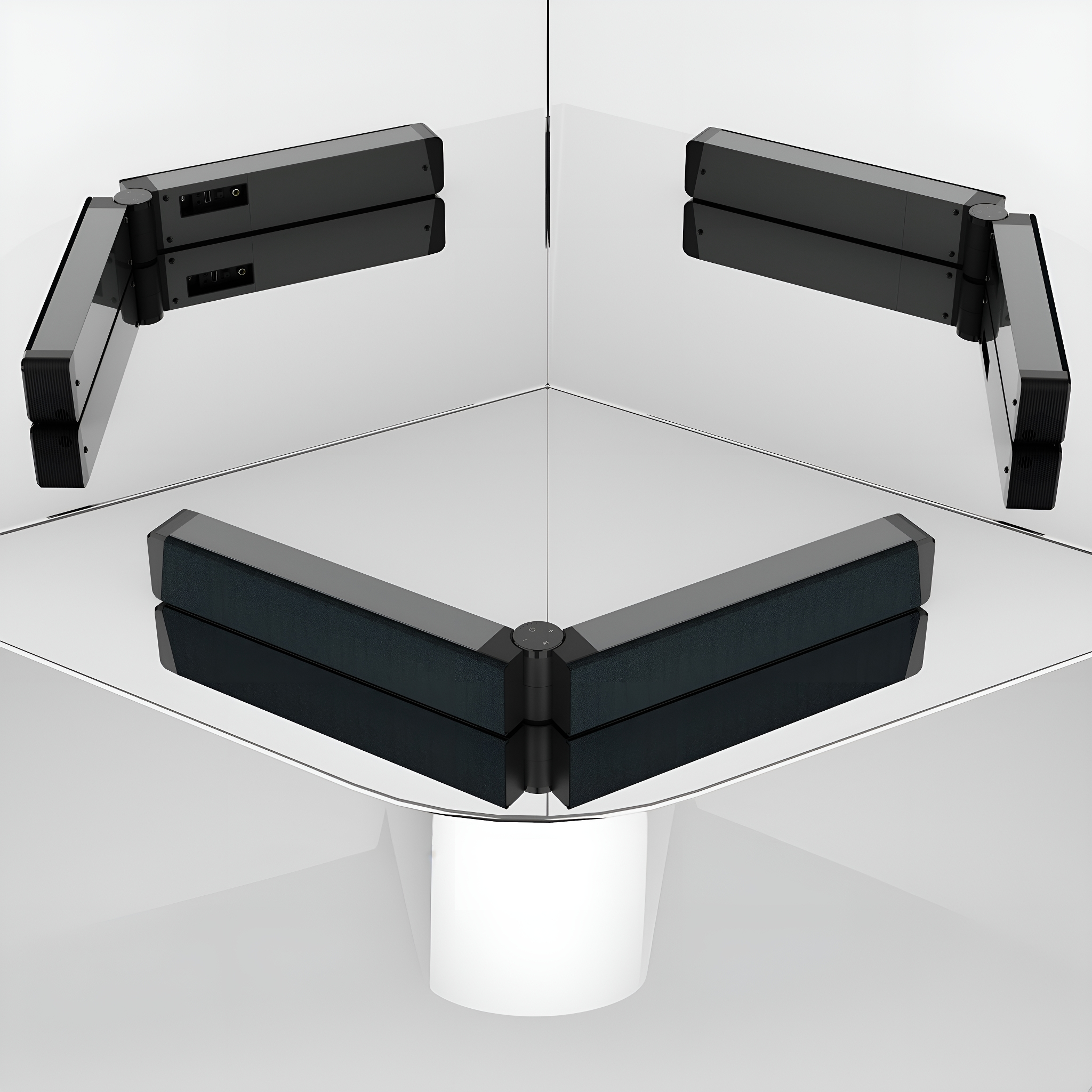 Ein eckmontiertes Lautsprechersystem mit drei Sektionen mit schwarzen Lautsprechern.