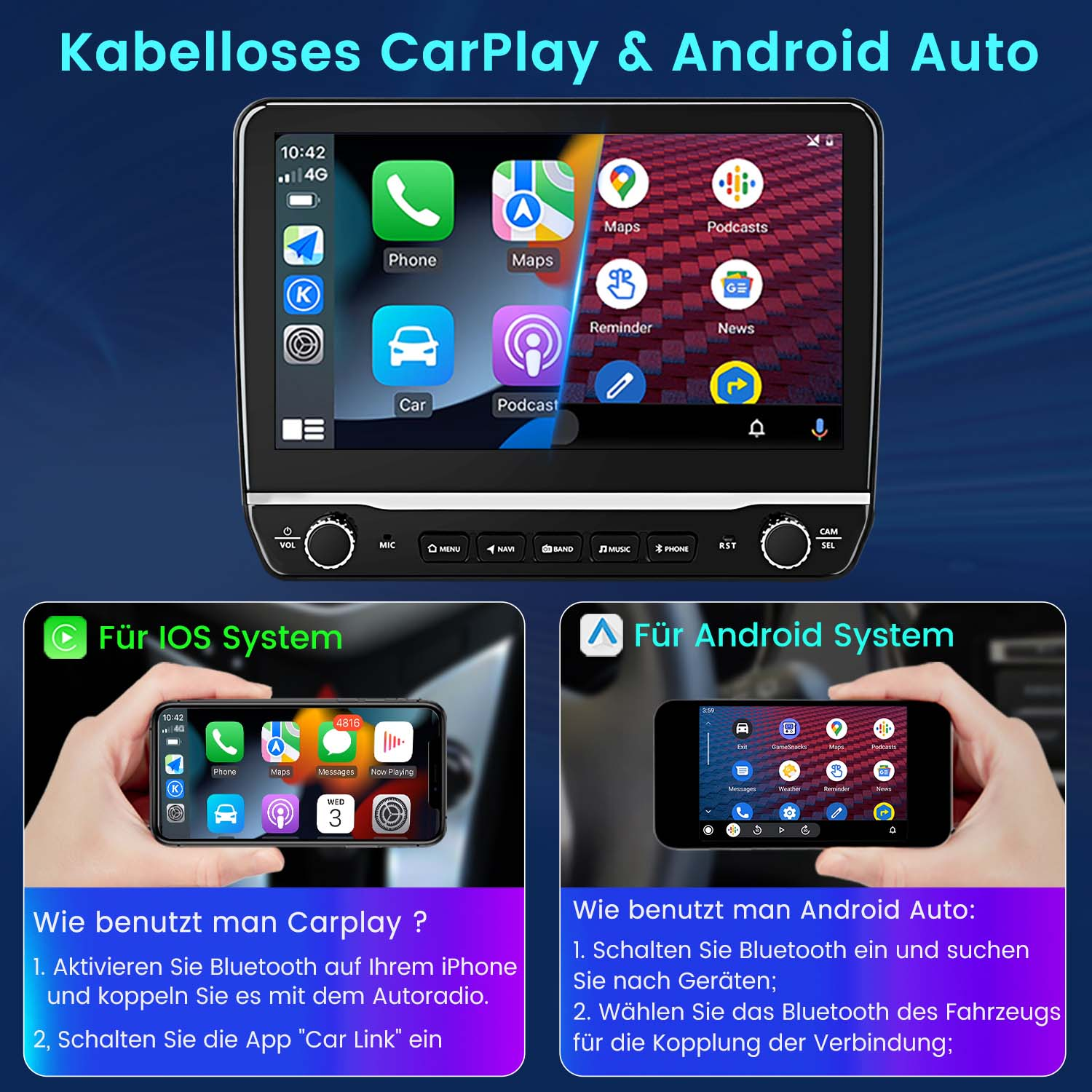 System informacyjno-rozrywkowy w samochodzie z instrukcjami CarPlay i Android Auto.