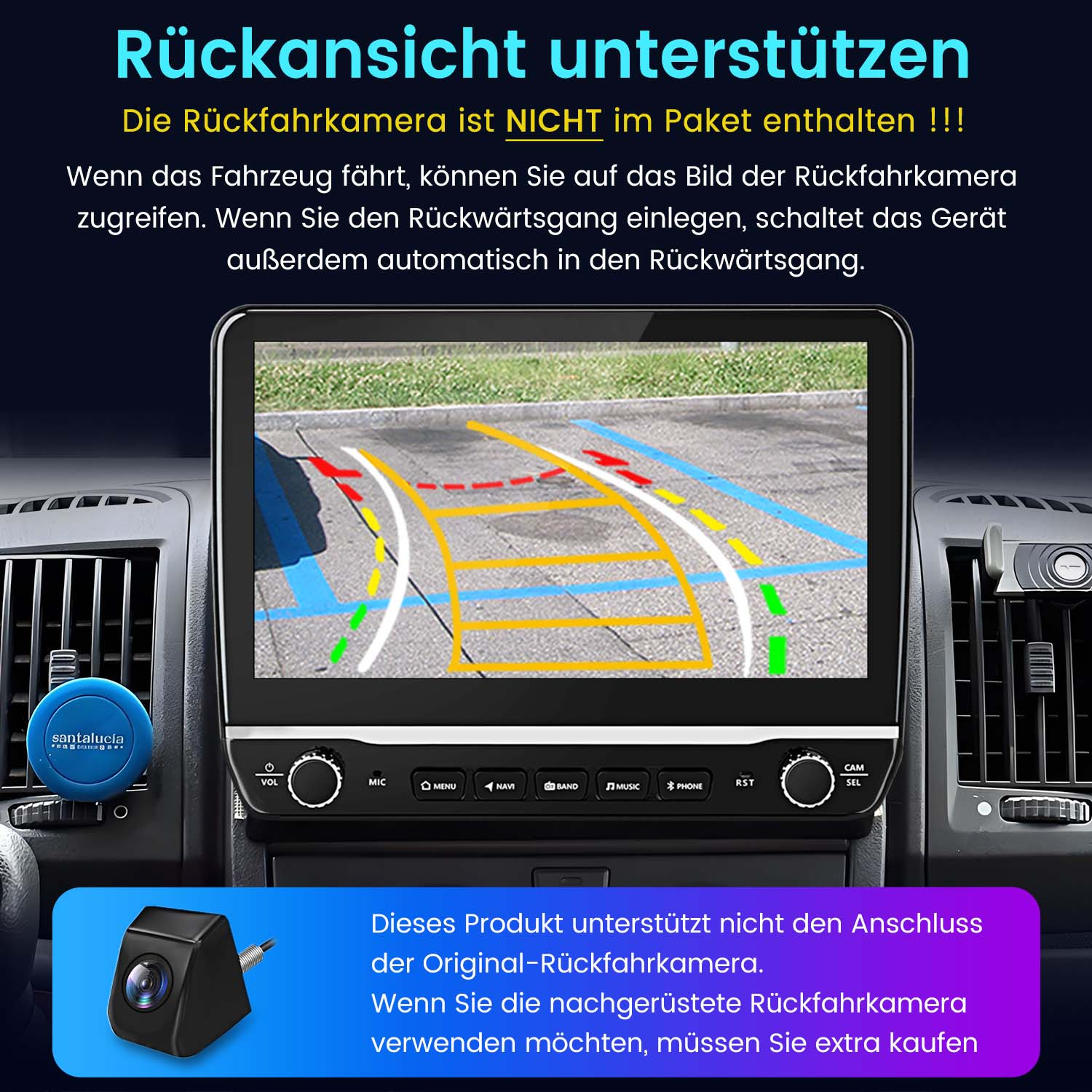 Auto-Armaturenbrett mit Navigationsbildschirm und Bedienelementen.