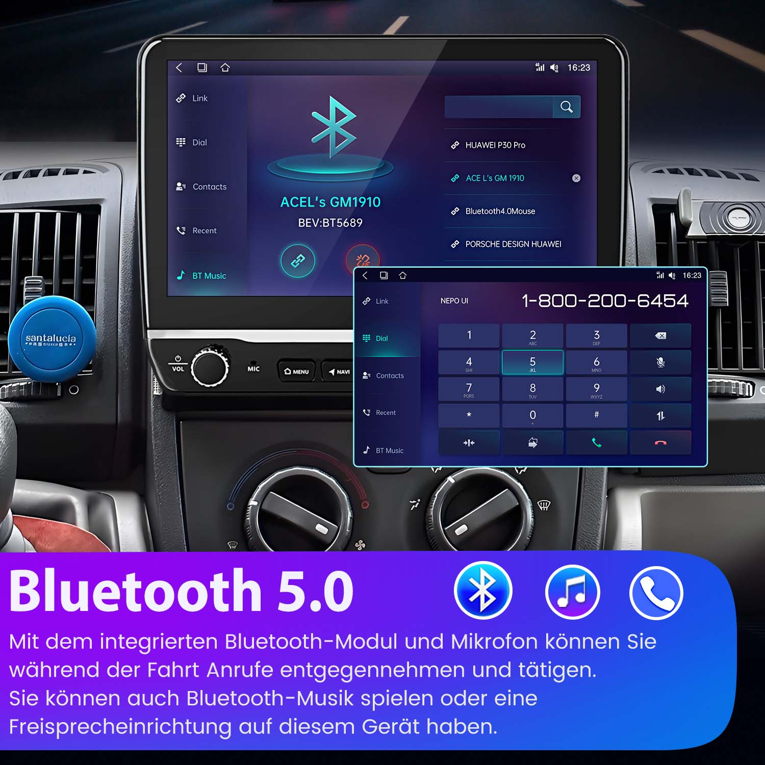 Wyświetlacz systemu multimedialnego w samochodzie pokazujący opcje Bluetooth i interfejs wybierania numeru telefonu.