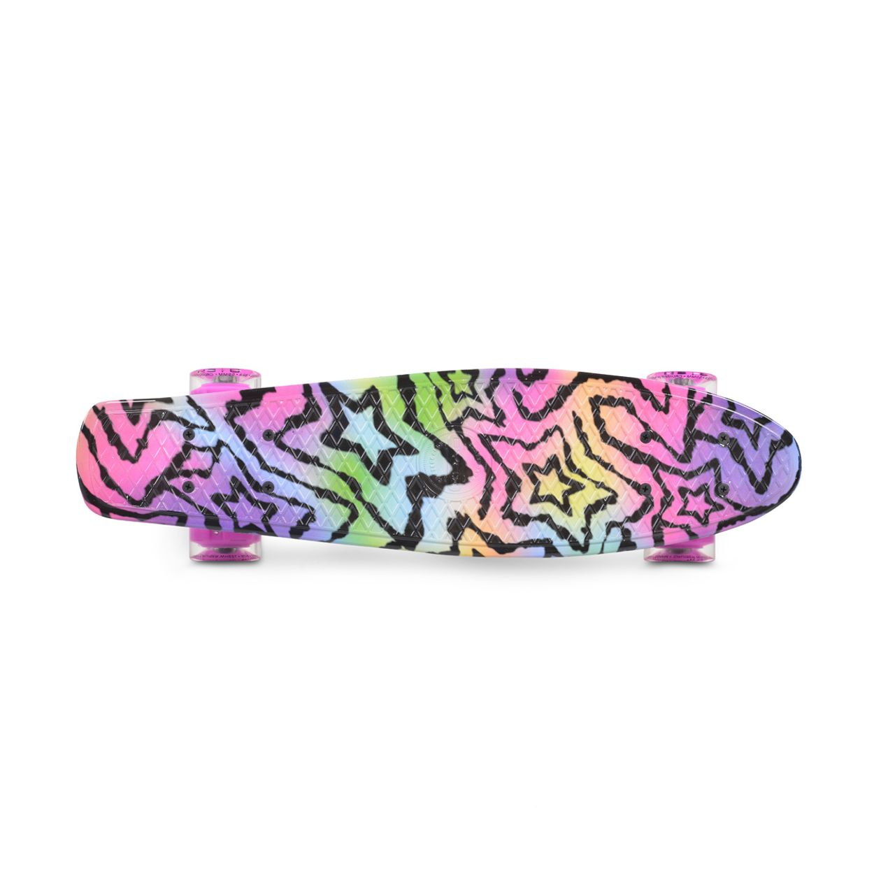 Buntes Skateboard mit Stern- und Zickzackmuster auf weißem Hintergrund.