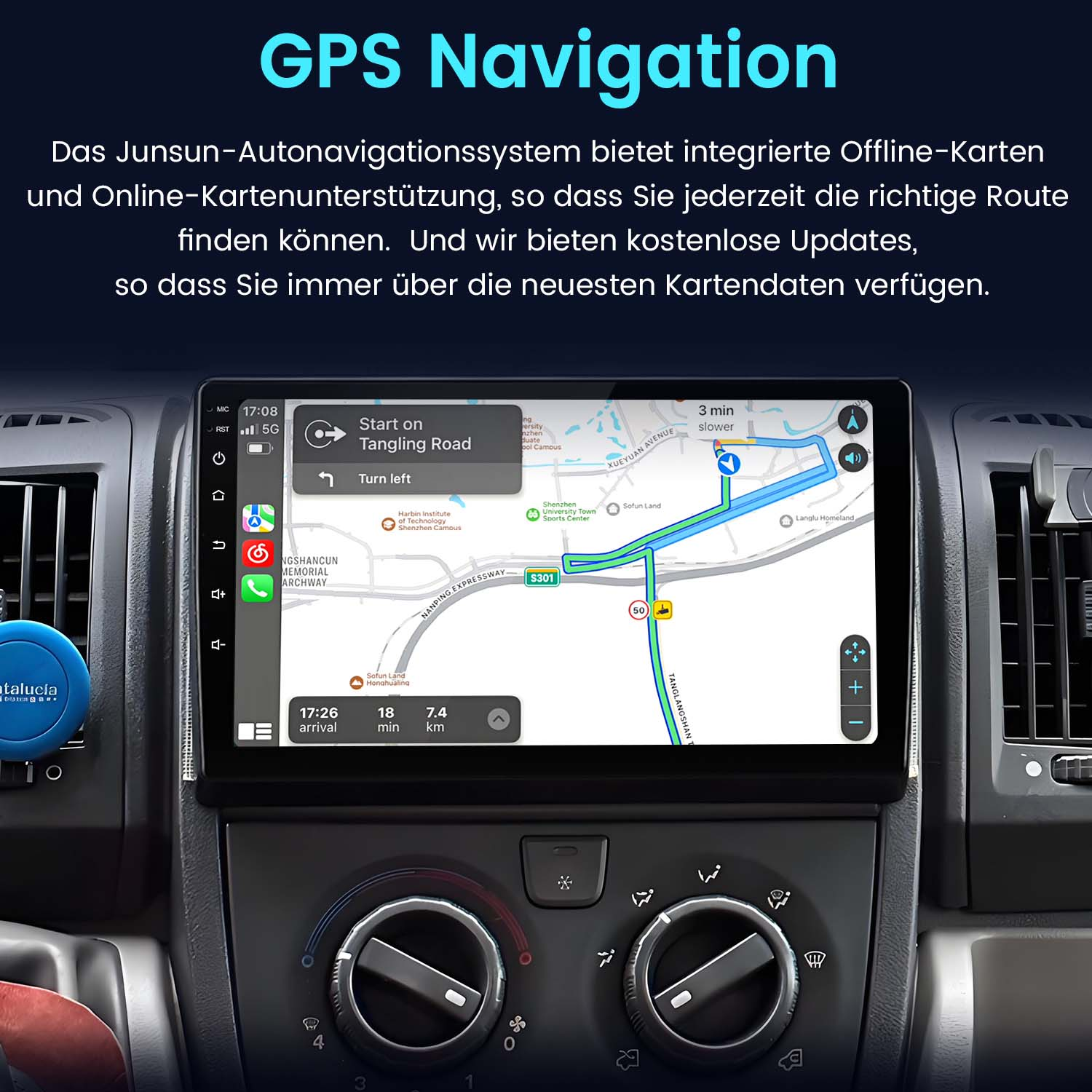 Ekran nawigacji GPS w samochodzie, pokazujący mapę z trasą i informacjami.
