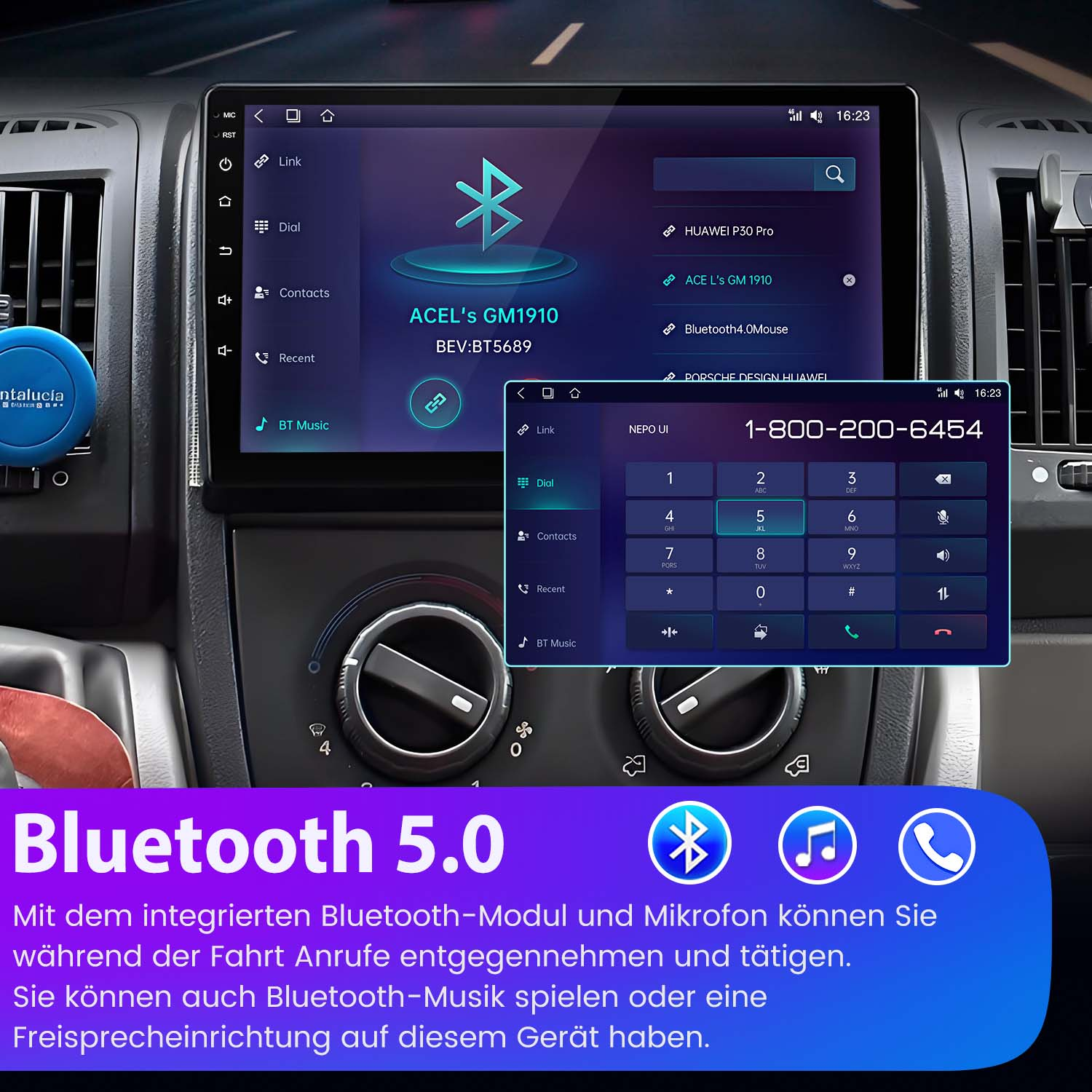 Radio samochodowe z Bluetooth 5.0, wybieraniem numeru telefonu i klawiaturą telefonu.