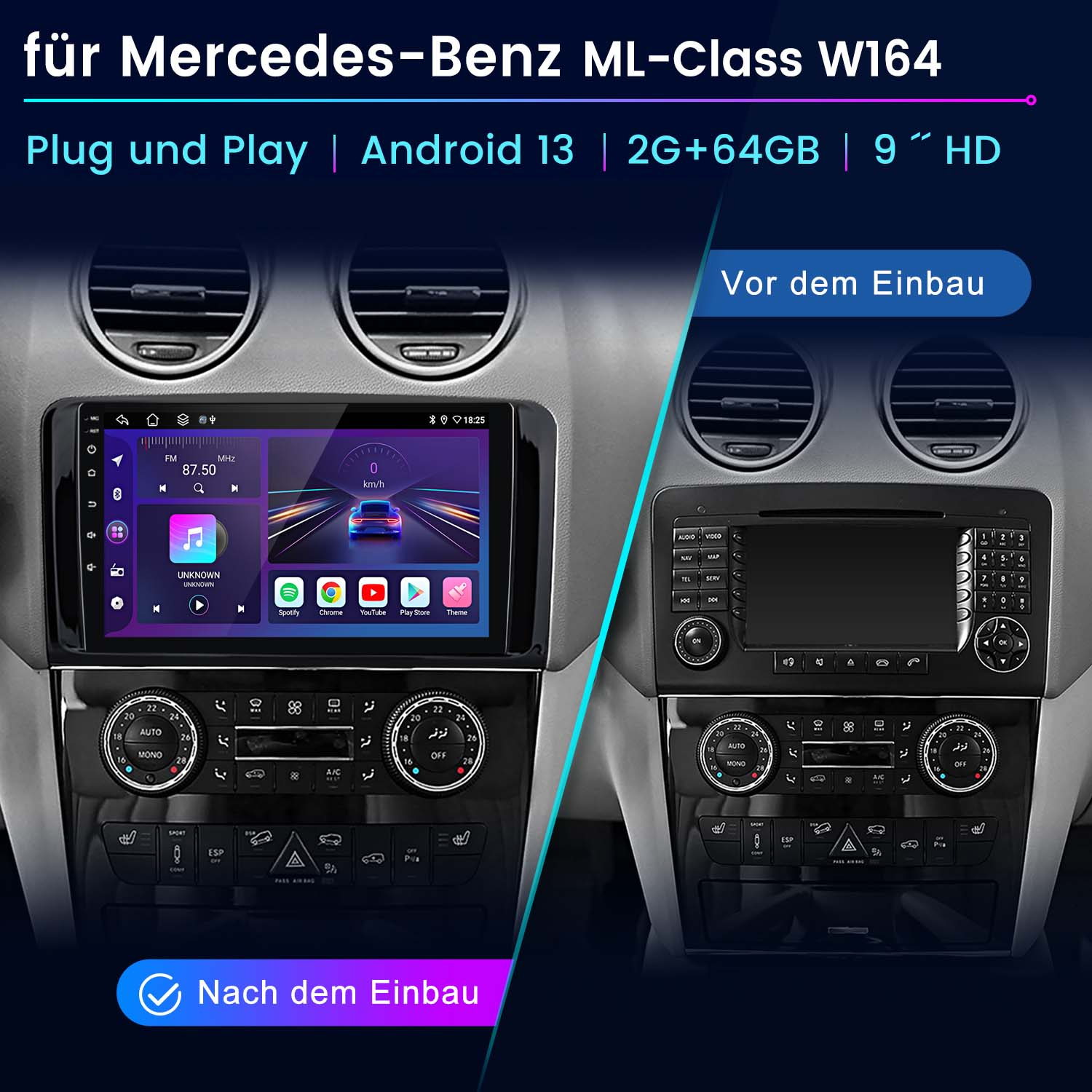 Radio samochodowe z ekranem, przyciskami i otworami wentylacyjnymi. Android 13 i Mercedes-Benz ML-Class W164.