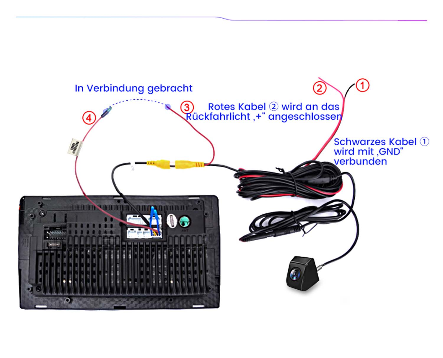 Diagramm eines Autoradio-Einbaus. Kabel und eine Kamera sind abgebildet. Weißer Hintergrund.