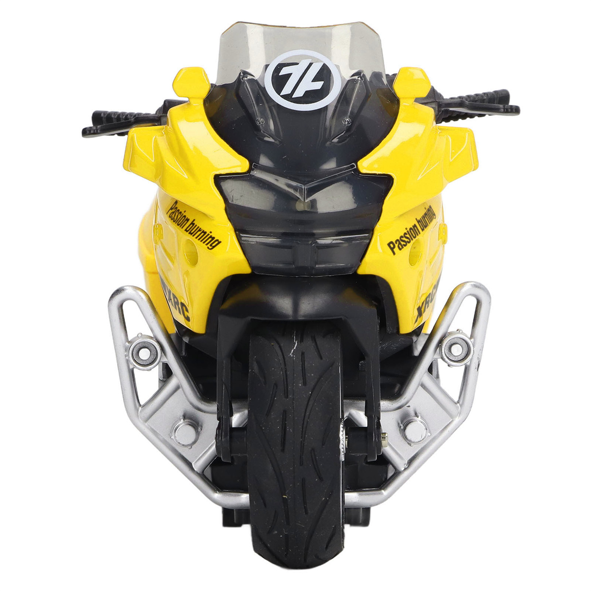 Gelbes Spielzeugmotorrad. Es hat eine schwarze Windschutzscheibe und einen silbernen Frontschutz.