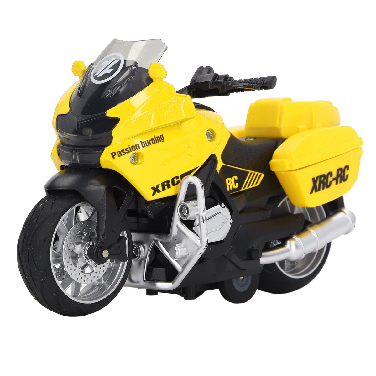 Gelb-schwarzes Spielzeugmotorrad mit Text. Räder, Lenker und Windschutzscheibe sind sichtbar.
