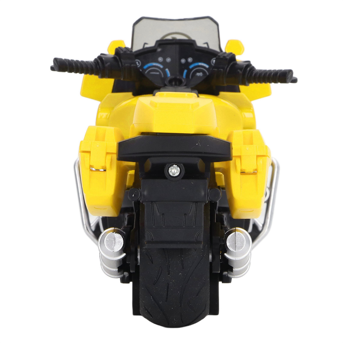 Ein gelbes Spielzeugmotorrad von hinten gesehen, das Hinterrad und Auspuffrohre zeigt.