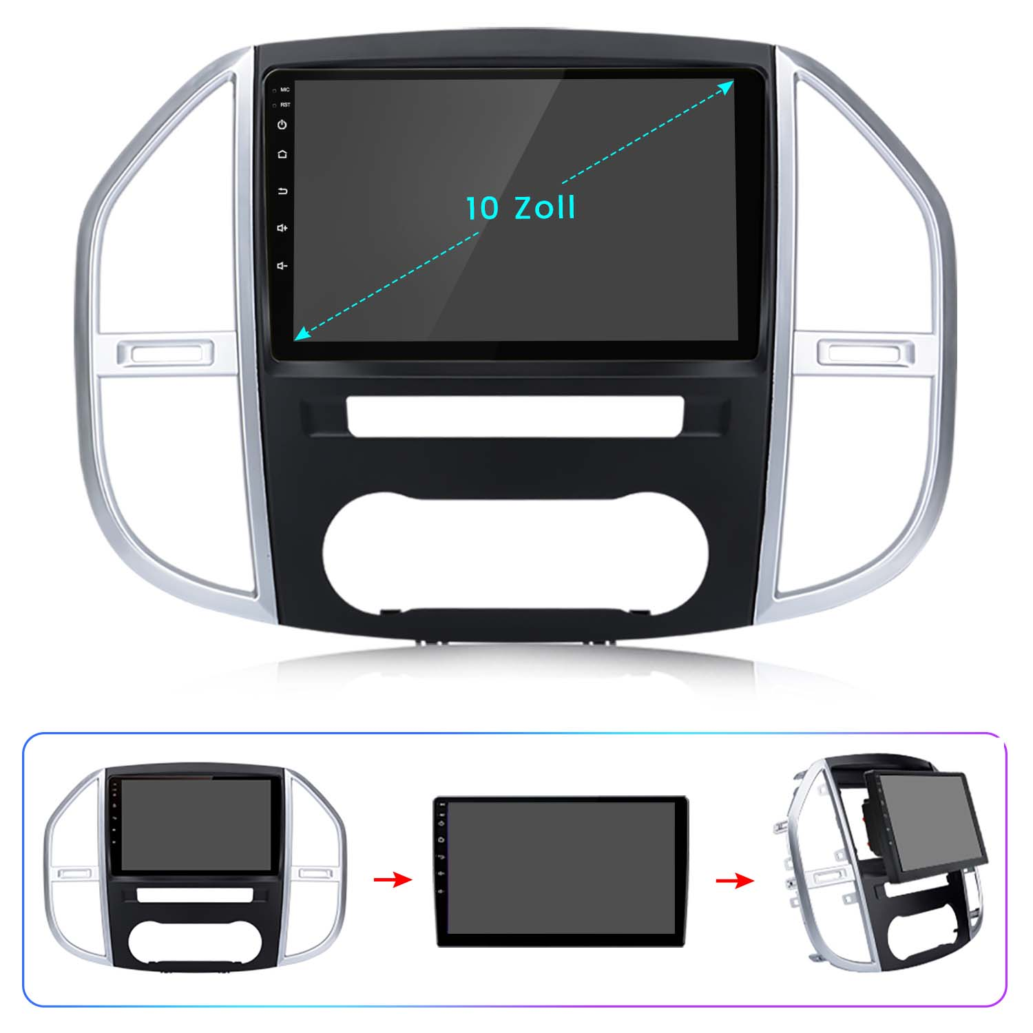 Autoradio con un grande schermo, che mostra la dimensione come 10 Zoll.