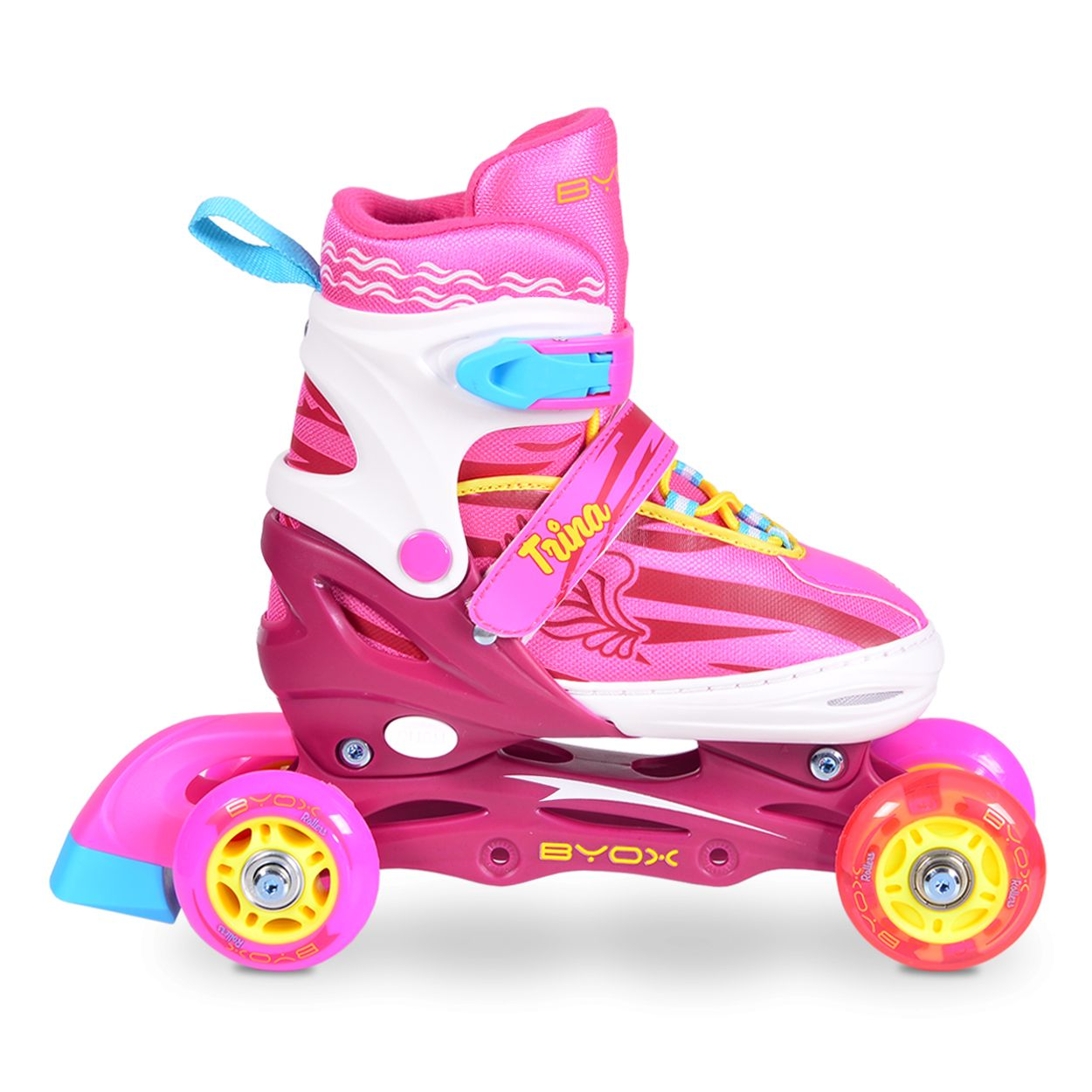 Ein rosa Rollschuh mit rosa und blauen Rädern und dem Wort 'Trina' an der Seite.