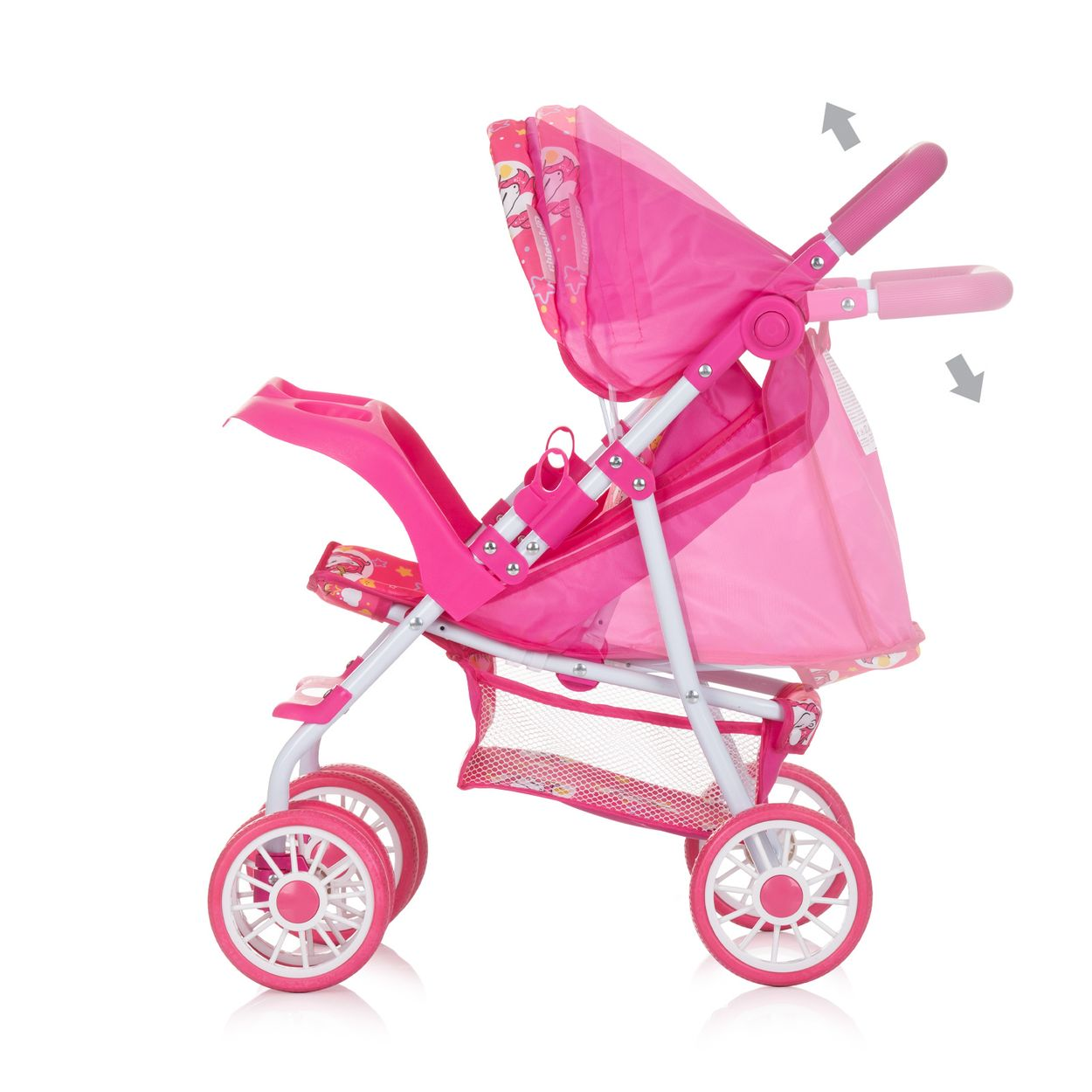 Rosa Puppenwagen, Seitenansicht, mit verstellbarem Verdeck und Griff. Weiße und rosa Räder.